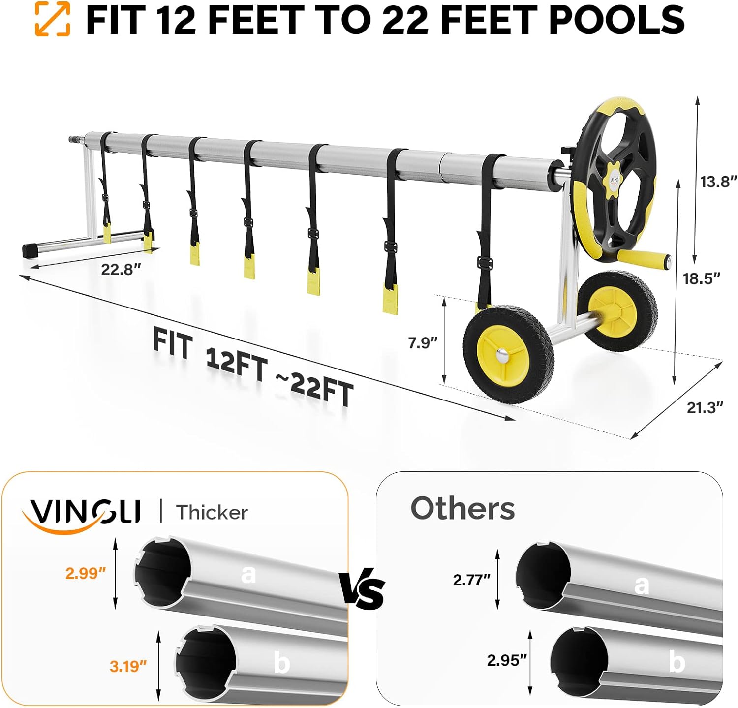 VINGLI Pool Cover Reel Set Solar Pool Cover Reel for Inground Swimming Pool, Aluminum Solar Swimming Inground Cover Blanket Reel (Upgrade) (21 FT)