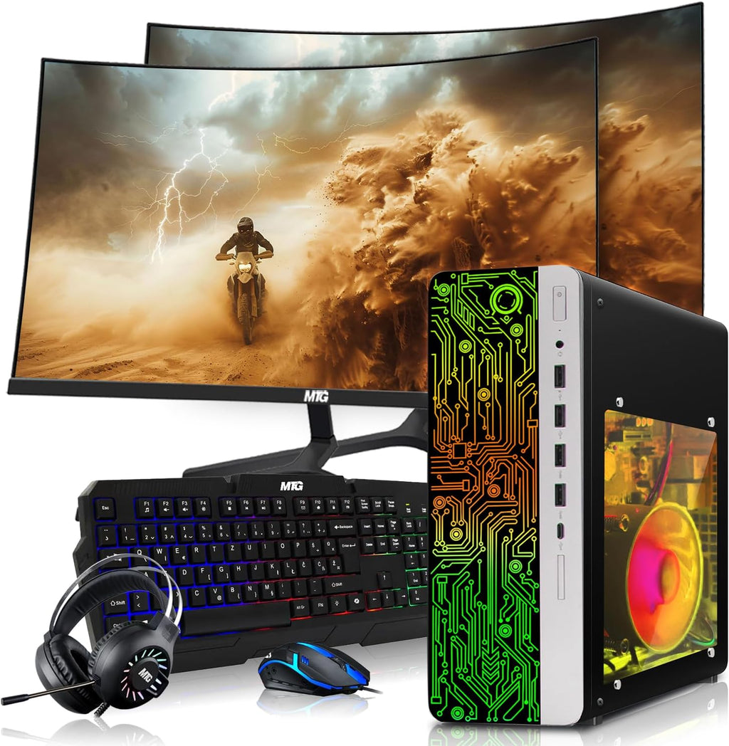 HP Gaming PC Desktop Computer – AMD Pro A10-9700,GT 1030 Graphics,8GB RAM,512GB SSD,Dual 24 Inch Curved Monitor,RGB Keyboard with AI Copilot,Mouse,WiFi,RGB Headphone,Windows 11(Renewed)