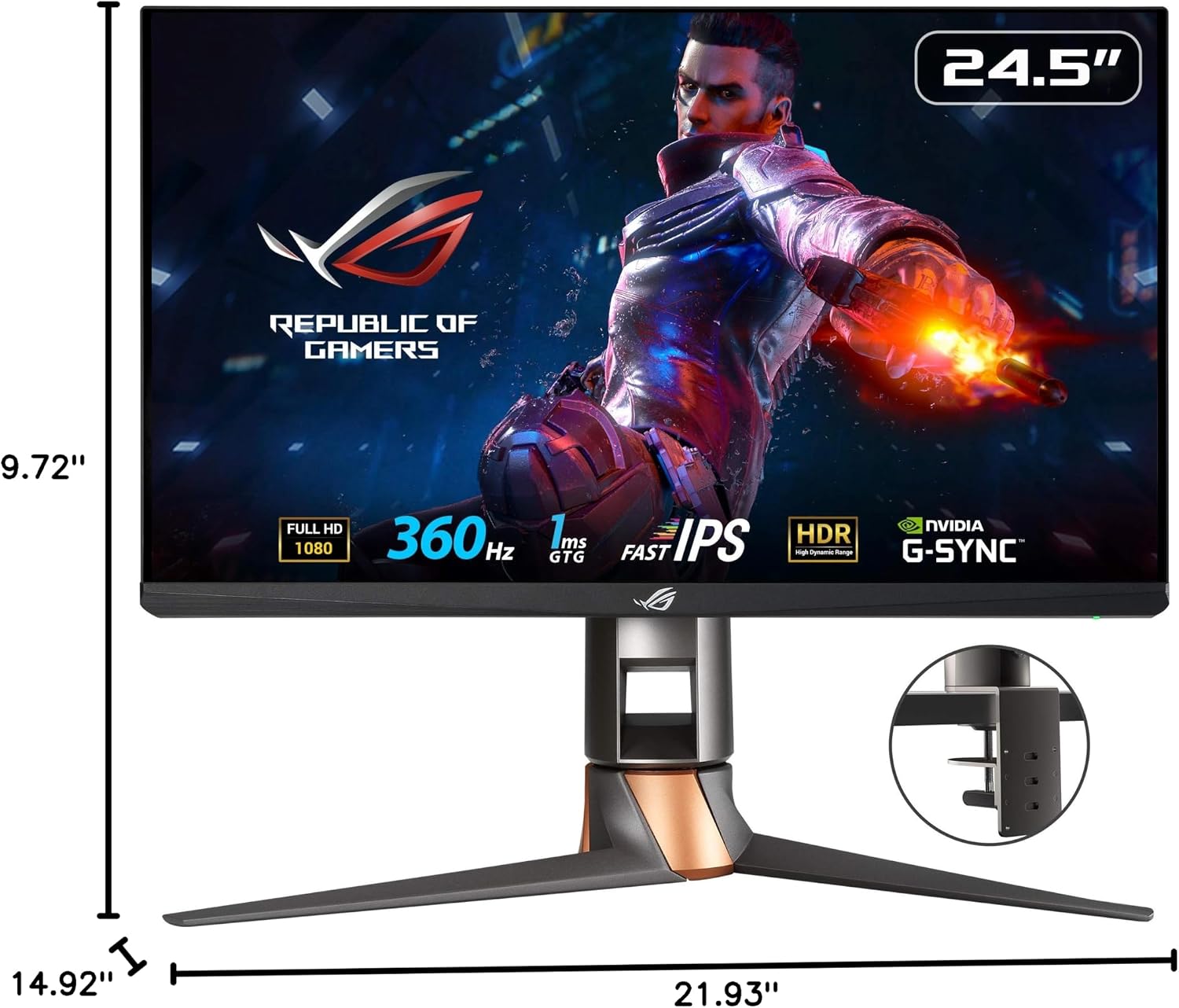 ASUS ROG Swift 360Hz PG259QNR 24.5' HDR Gaming Monitor, 1080P Full HD, Fast IPS, 1ms, G-SYNC, ULMB, NVIDIA Reflex Latency Analyzer, HDMI DisplayPort USB, Desk Mount Kit, VESA Wall Mountable, HDR10