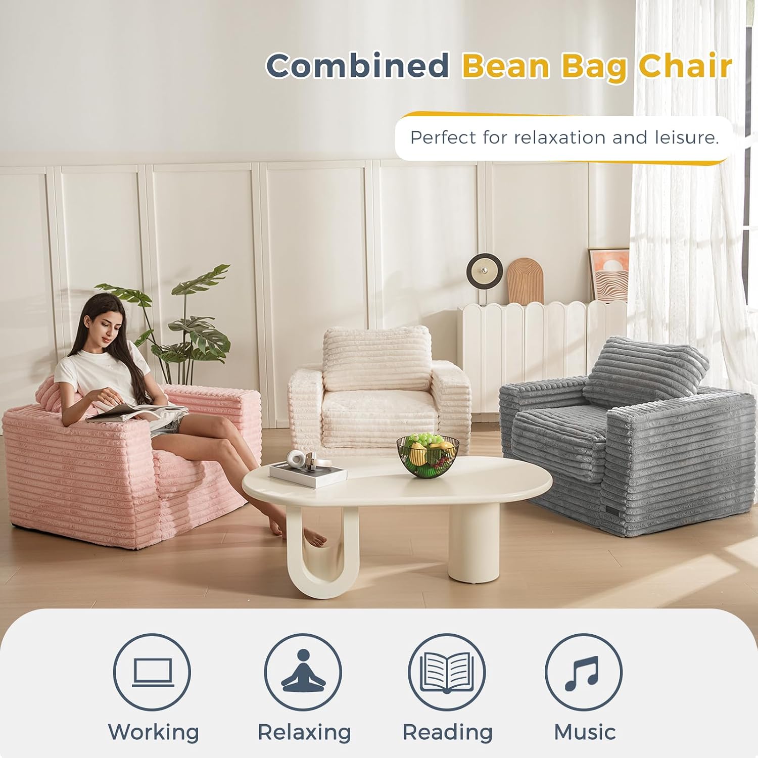 MAXYOYO Bean Bag Chair for Adults, Upholstered Floor Sofa with Pillows and Armrests, Bean Bag Sofa Plush Chair Couch for Bedroom Living Room, Dark Grey
