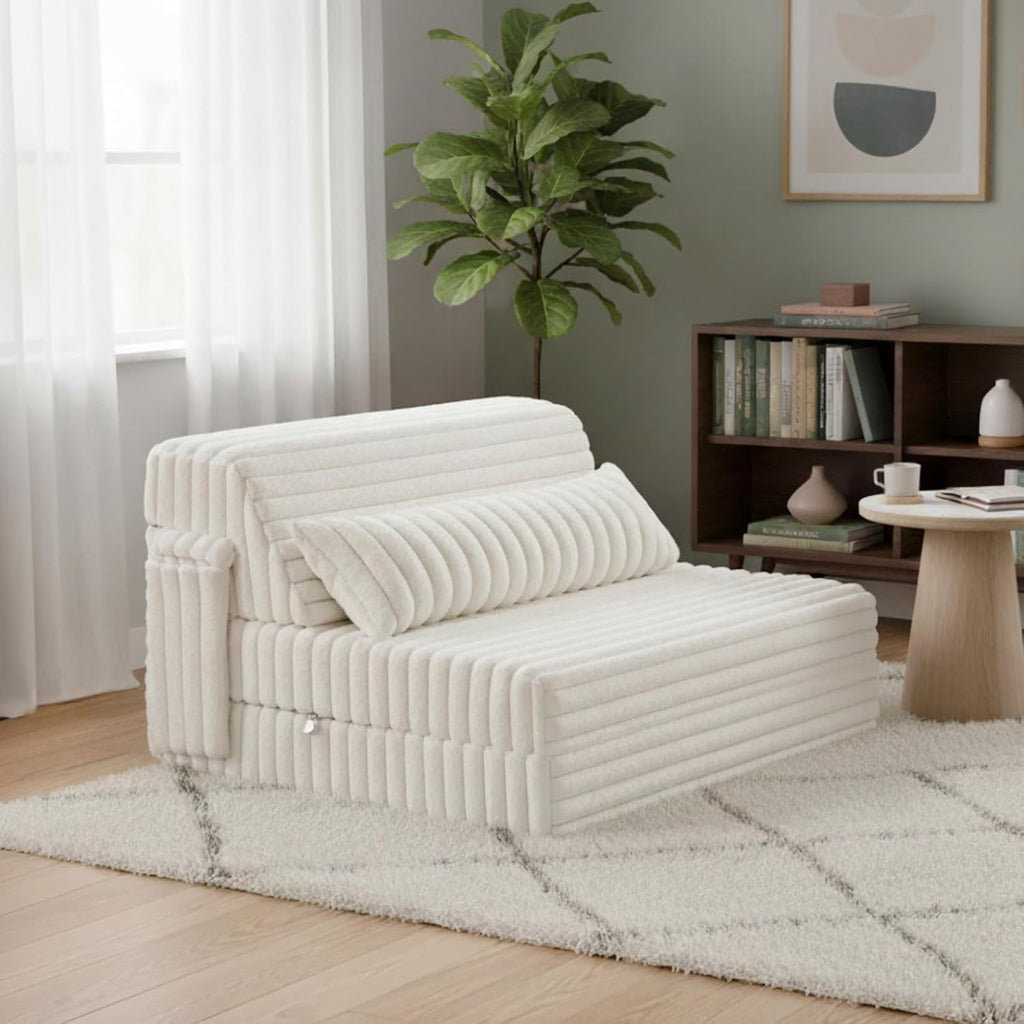 Tiita Folding Sofa Bed Twin Size, Convertible Sleeper Chair Mattress with Pillow, Thick Corduroy Floor Mattress Couch Bed with Side Pocket, Guest Room, Dorm, Apartment, Beige