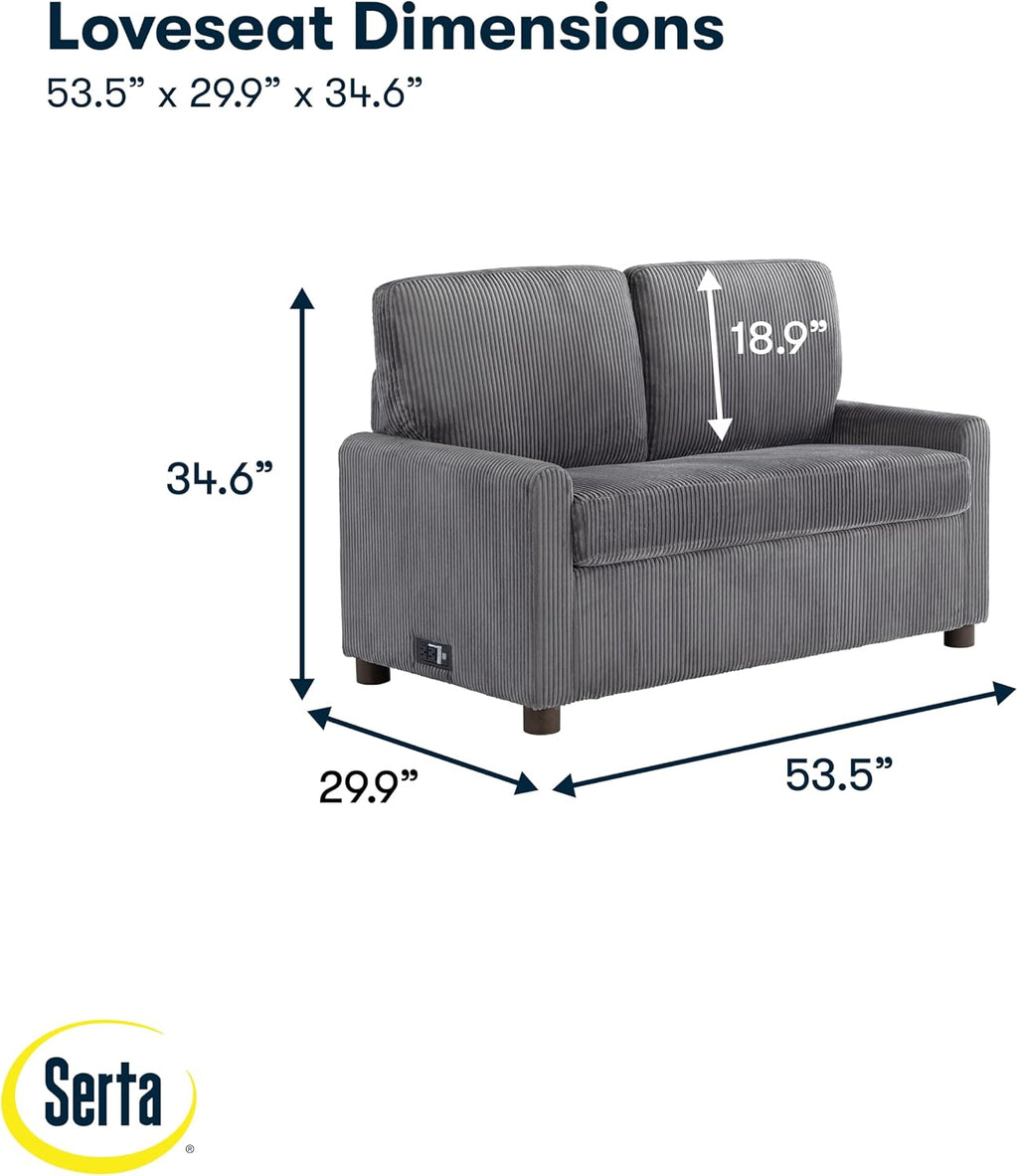 Serta® Darnold 53.5' Pull-Out Sleeper Loveseat, Twin Size, Dreamcoil® Comfort, Memory Foam Pull-Out Mattress, USB-C and USB-A Power Ports, Soft Corduroy Fabric, Grey