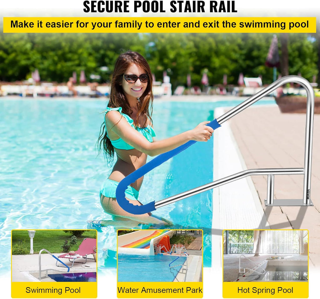 VEVOR Pool Rail 55x32 Pool Railing 304 Stainless Steel 250LBS Load Capacity Silver Rustproof Pool Handrail Humanized Swimming Pool Handrail with Blue Grip Cover & M8 Drill Bit & Self-Taping Screws