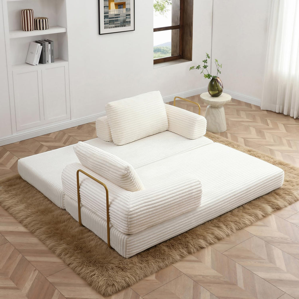 HANXIN 80 Inch Convertible Sleeper Sofa Bed, High Back Plush Corduroy Folding Floor Mattress Couch with Fixed-Shape Frame, Boneless Futon Loveseat with Pull Out Bed, No Assembly Required (Beige)
