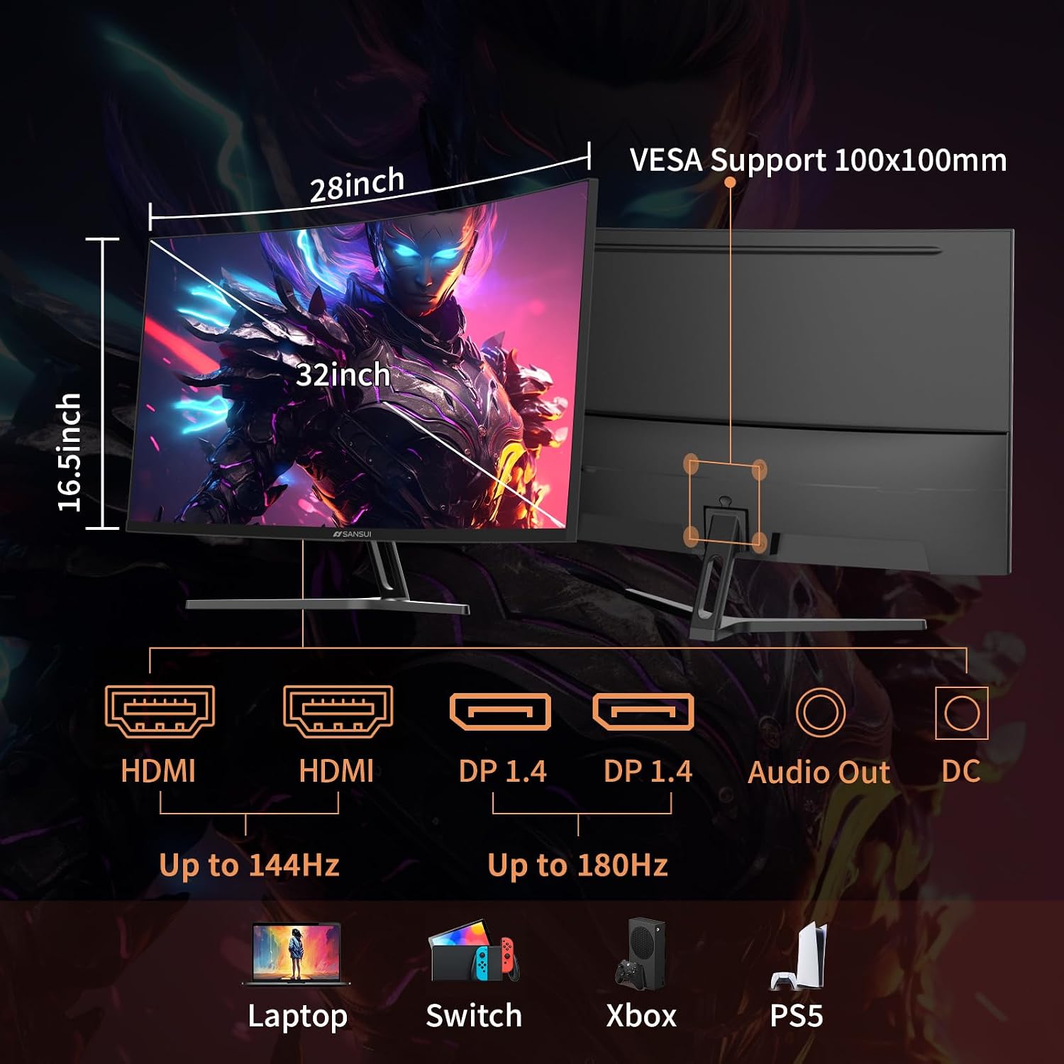 SANSUI 32-Inch Curved Gaming Monitor WQHD 2560 x 1440 180Hz Curved 1500R -Fast VA,1ms(OD), HDR, 300nits, sRGB 125%, DCI-P3 95%, FreeSync, HDMI x2, DP1.4x2(DP Cable Included)