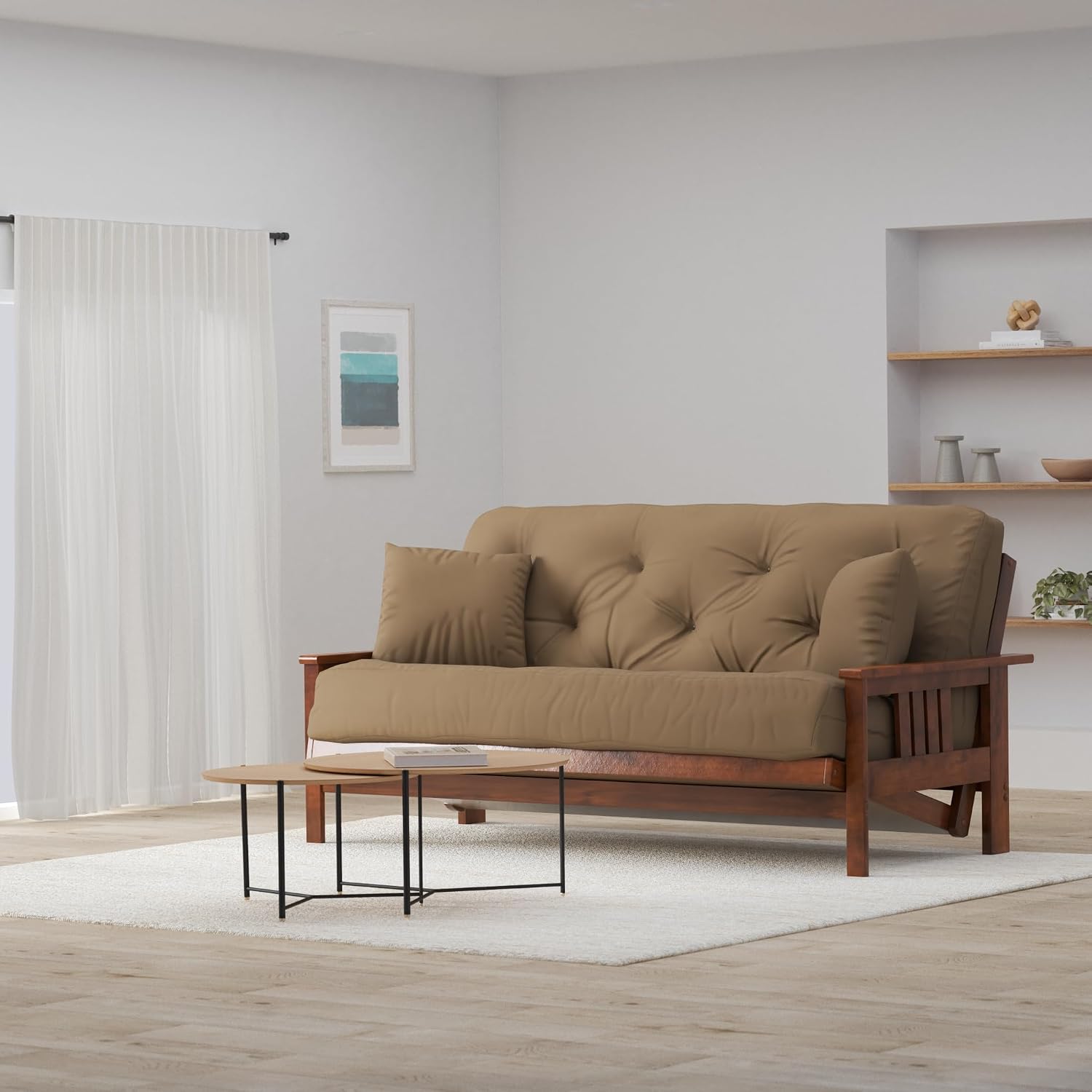 Nirvana Futons Stanford Futon Set - Full Size, Frame, 8' Mattress, Microfiber Sussex Khaki Cover