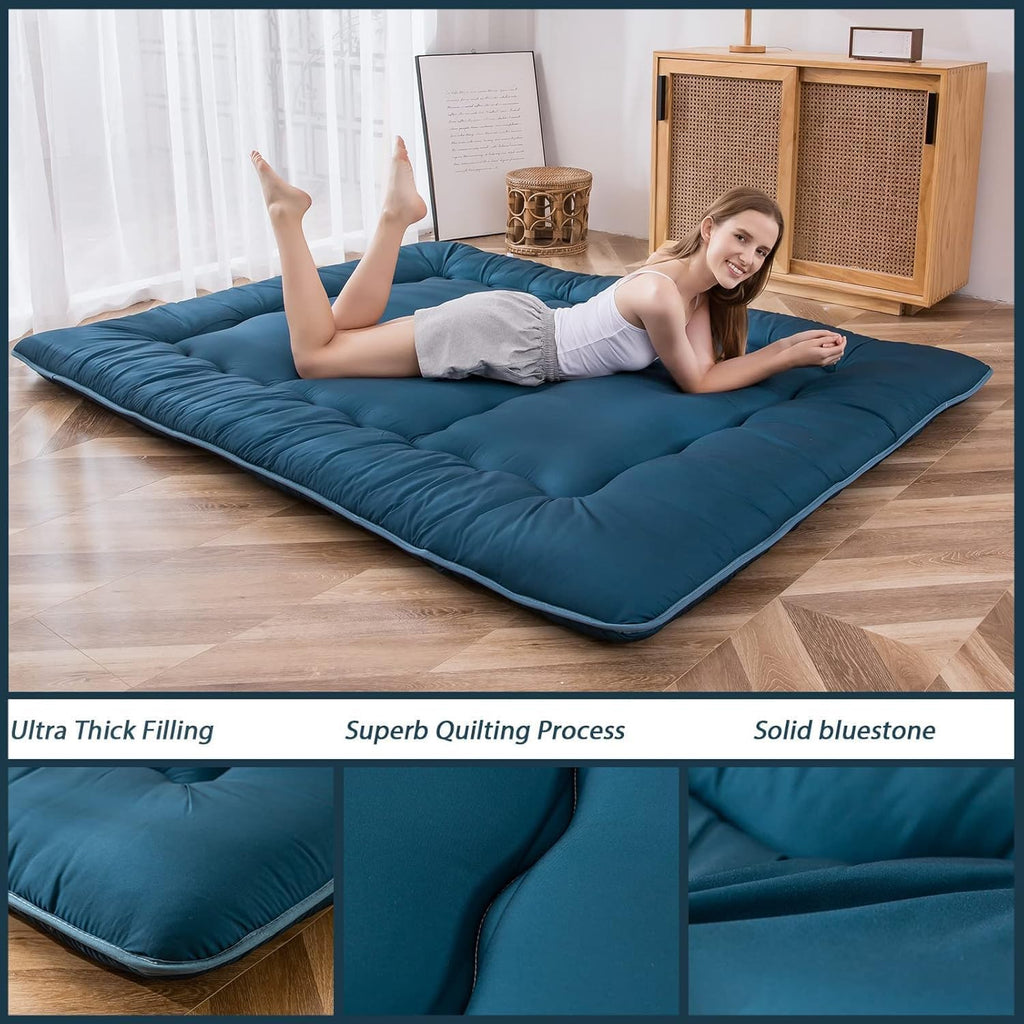MAXYOYO Japanese Floor Mattress Futon Mattress, Thicken Sleeping Pad Foldable Roll Up Floor Futon for Adults Tatami Mat Dormitory Lounger, Bluestone, Queen Size