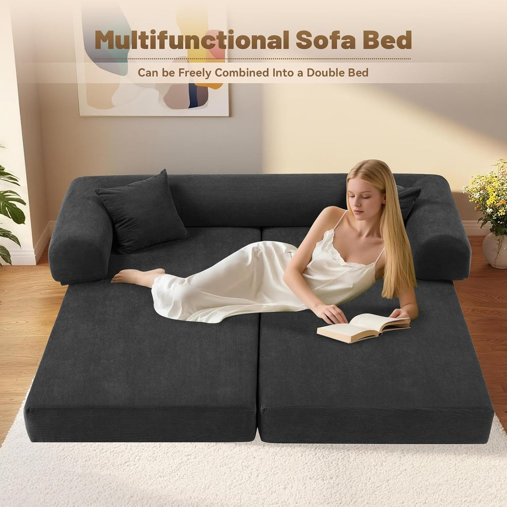 Convertible Futon Sofa Bed,80' Folding Pull Out Couch Bed with Pillows & Storage,Queen Sleeper Sofa Bed,Compressed Couch in a Box,Corduroy Boneless Couches for Living Room,Deep Gray