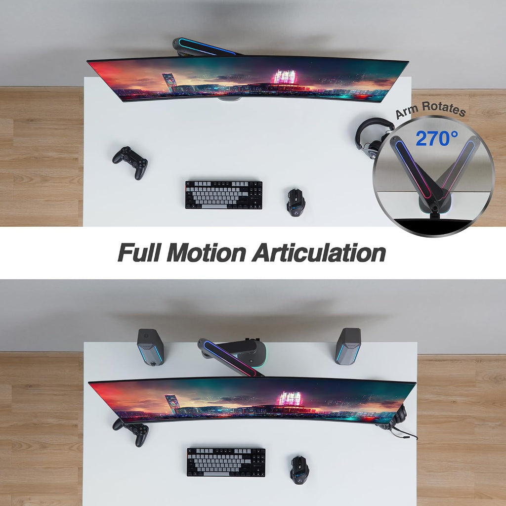 AVLT Single 27'-45' RGB Gaming Monitor Arm Desk Mount Built-in 20 Lighting Modes Touch Button Control Fits Flat/Curved/Ultrawide Screens Height Swivel Tilt Rotation Adjustable Stand -Dark Gray