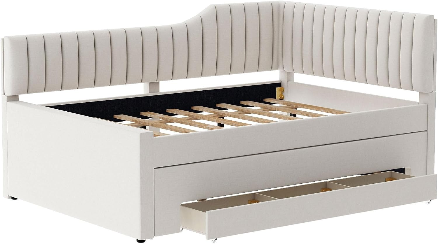 Merax Full Size Upholstered Wood Daybed Extendable Sofa Bed with Trundle and Three Storage Drawers for Living Room Guest Room, Beige