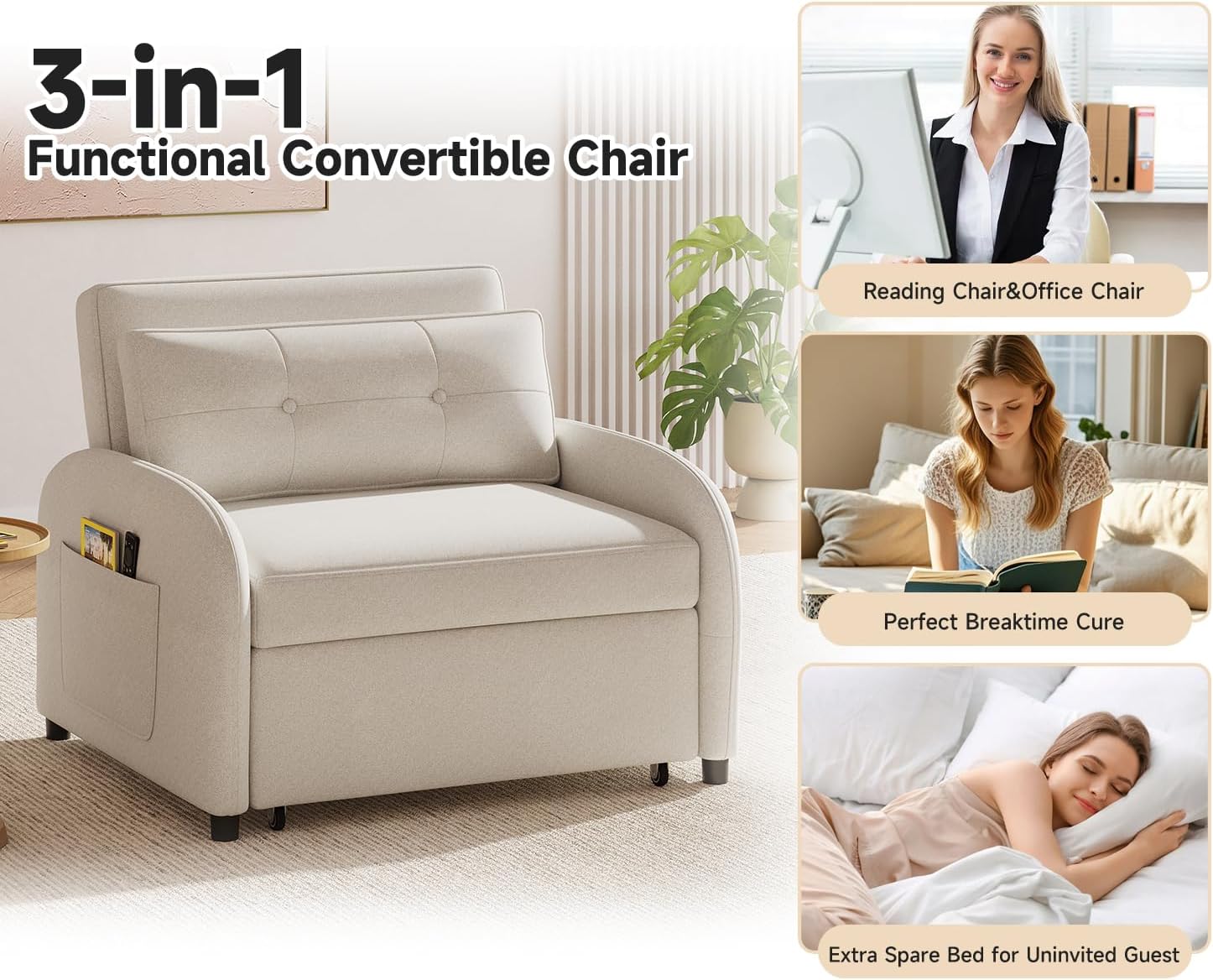 Merax 3-in-1 Convertible Sleeper Sofa Bed, Loveseat to Bed with Pullout Design, Soft Cotton Linen Fabric, Includes Pillow & Side Pockets for Small Spaces, Apartment, Living Room, Beige
