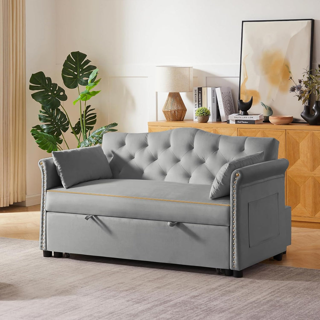 Auvsoce 57'' Convertible Sleeper Sofa Bed with Adjustable Backrest, Chaise Lounge, 2 Pillows & Side Storage Pockets – Stylish & Functional Furniture for Living Room or Small Spaces (Grey Sofa Bed)