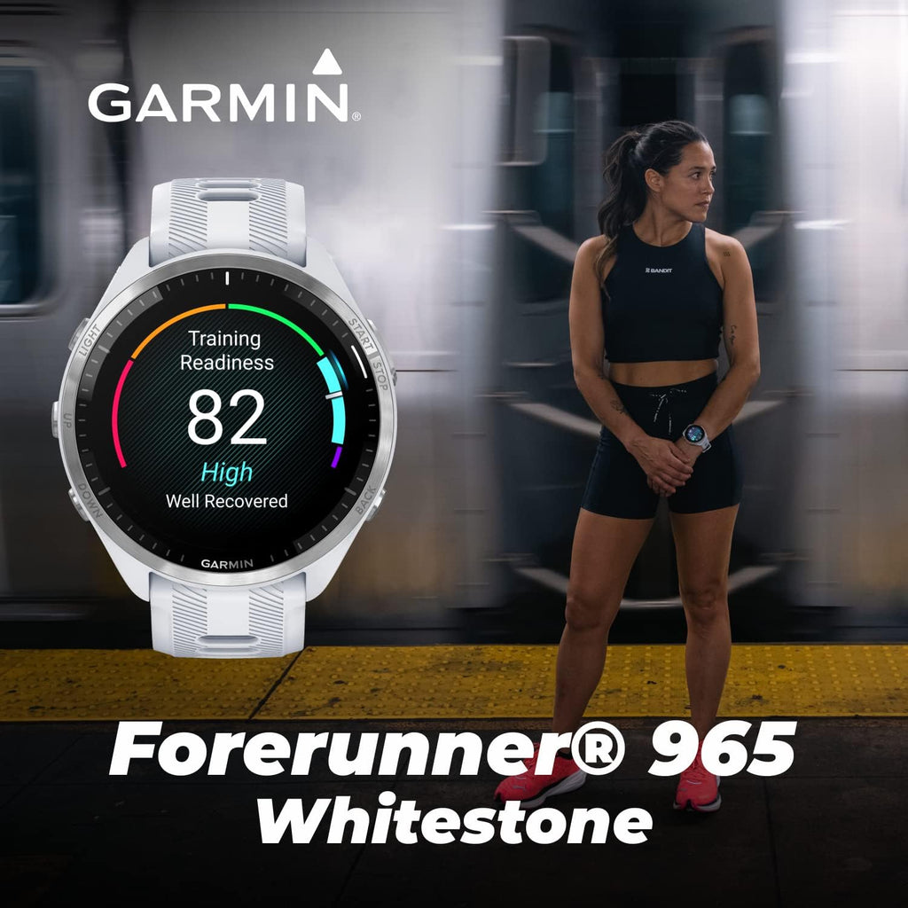 Garmin Forerunner 965 Premium GPS Running and Triathlon 47mm Smartwatch with AMOLED Touchscreen Display, Titanium Bezel Whitestone Silicone Band White Earbuds Bundle, White +Wht EarBuds