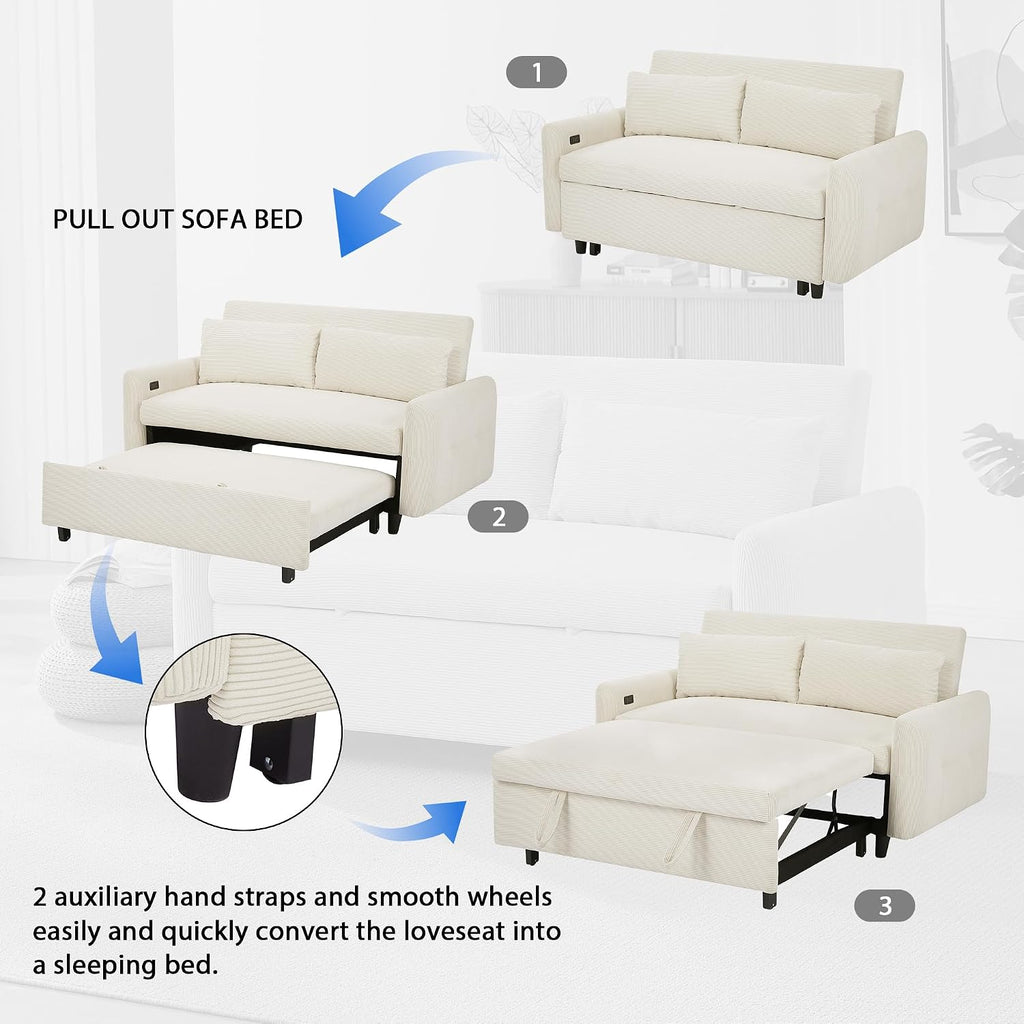 Merax Pull-Out Sofa Bed Convertible Couch 2 Seat Loveseat Sofa Modern Sleeper Sofa with Two Throw Pillows and USB Ports for Living Room, Beige