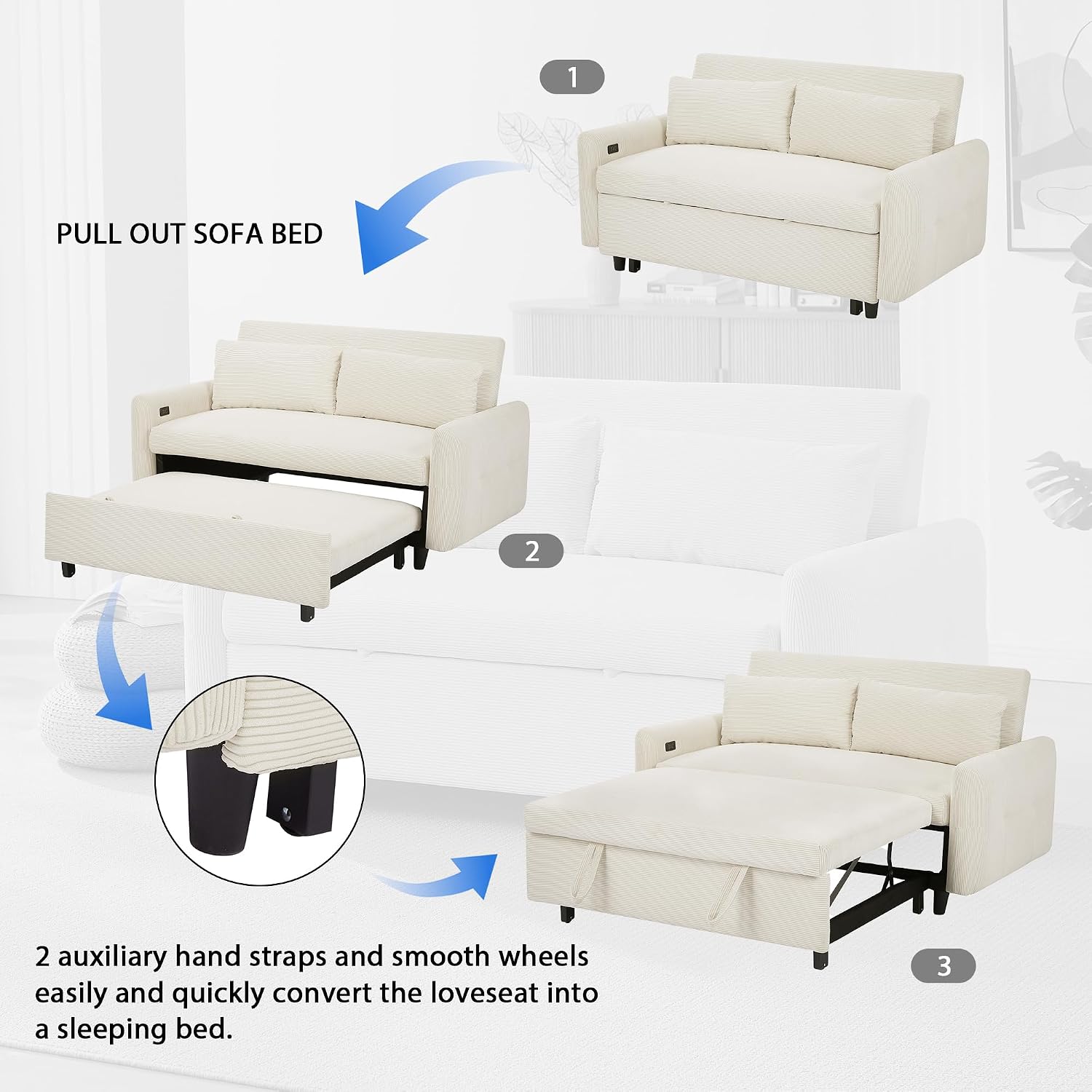 Merax Pull-Out Sofa Bed Convertible Couch 2 Seat Loveseat Sofa Modern Sleeper Sofa with Two Throw Pillows and USB Ports for Living Room, Beige