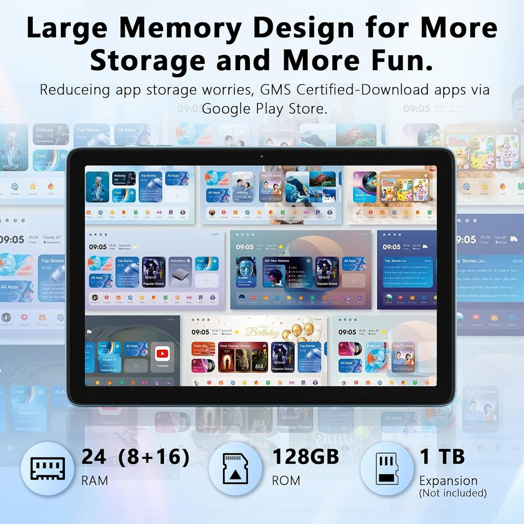 Raemond Android 15 Tablet 10 Inch, 24GB RAM+128GB ROM/1TB Expandable, 1.8GHz Octa-core CPU, 1280x800 IPS HD Display, WiFi 6, BT 5.4, 5+8MP Camera, 2 in 1 Tablets with Keyboard Case Mouse Stylus