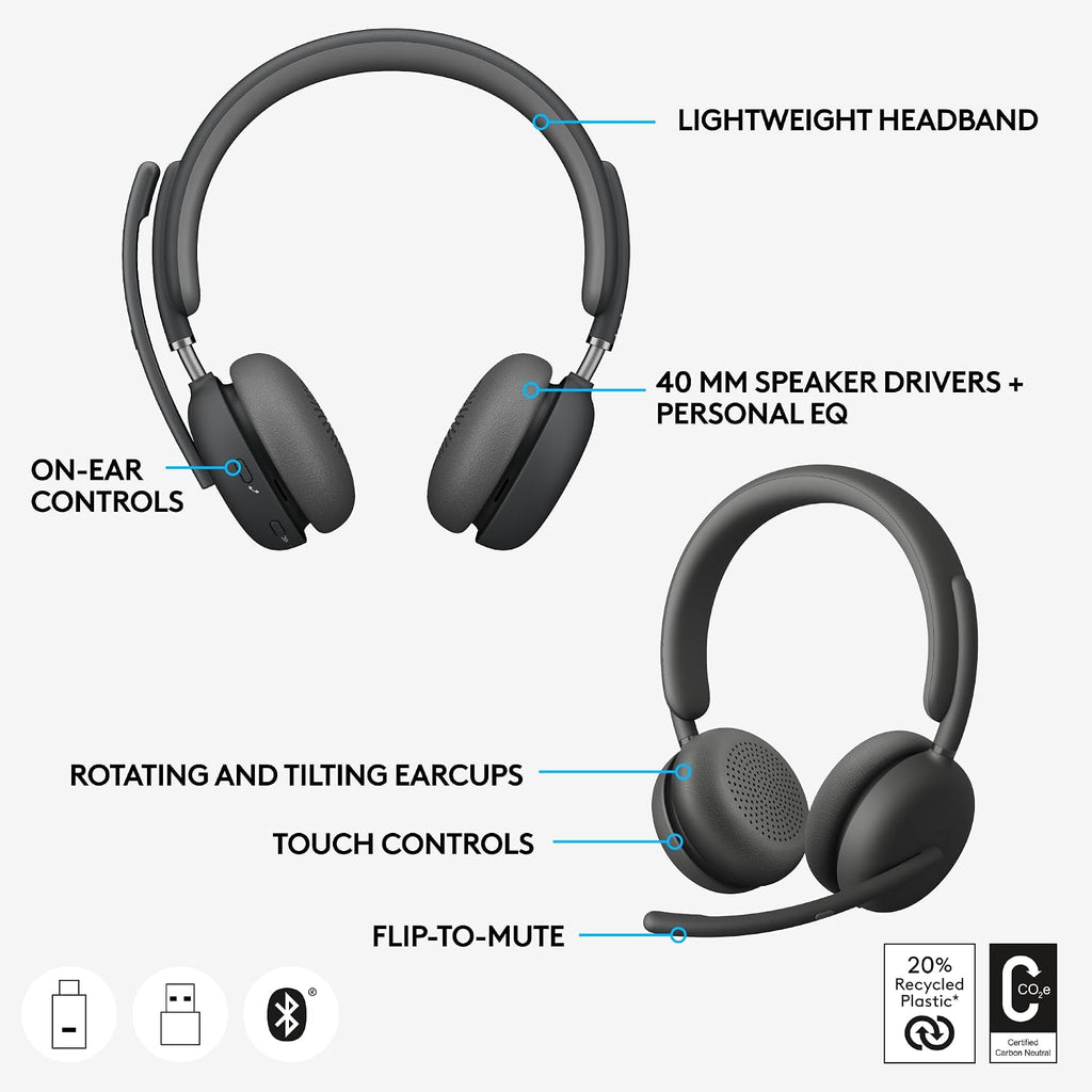 Logitech Zone Wireless 2 Premium Noise Canceling Headset with Hybrid ANC, Bluetooth, USB-C, USB-A, Certified for Zoom, Google Meet, Google Voice, Fast Pair, Engineered for Intel Evo laptops, Graphite