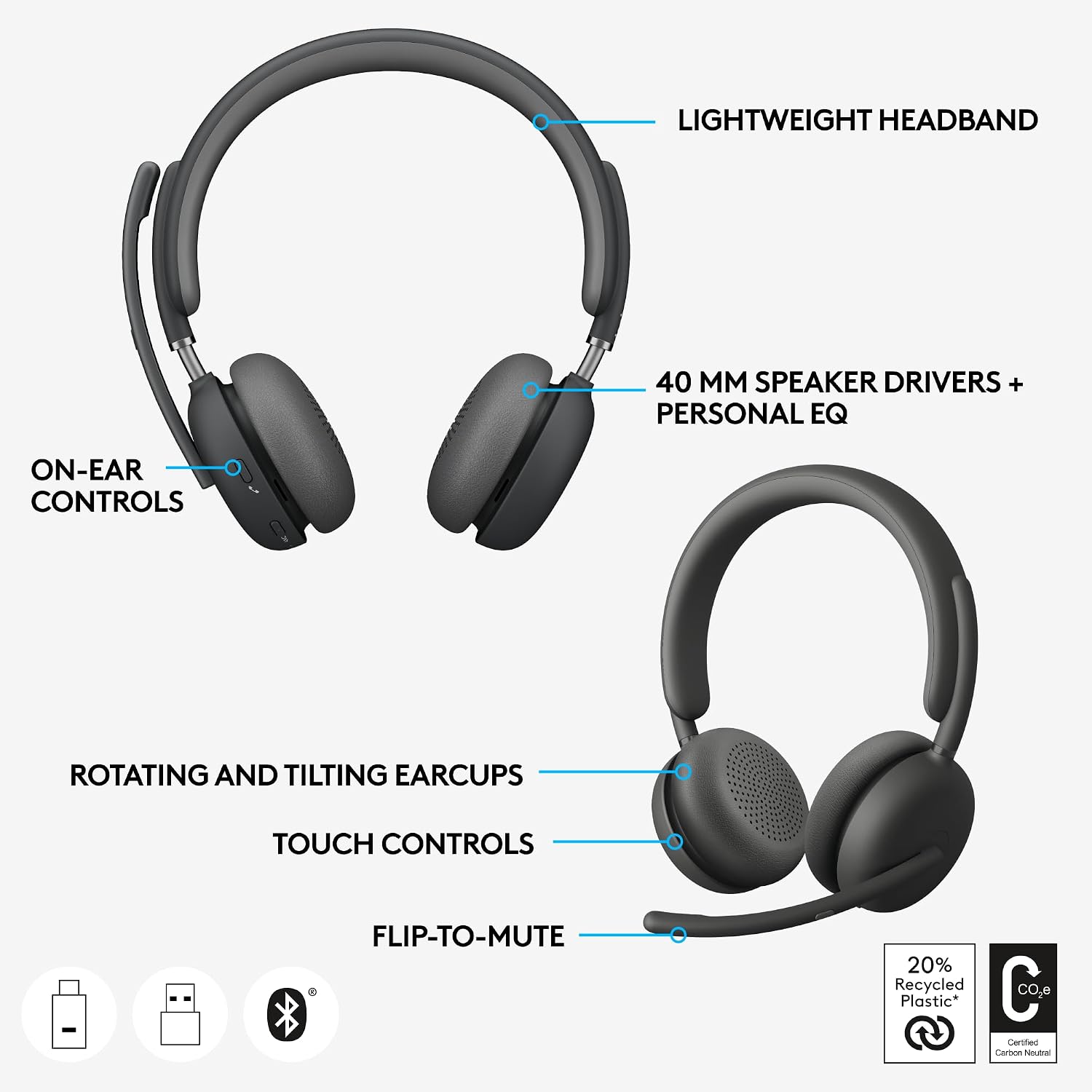 Logitech Zone Wireless 2 Premium Noise Canceling Headset with Hybrid ANC, Bluetooth, USB-C, USB-A, Certified for Zoom, Google Meet, Google Voice, Fast Pair, Engineered for Intel Evo laptops, Graphite