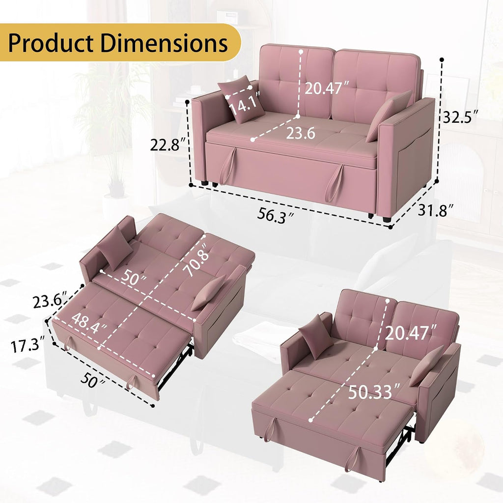 Pink Convertible Sofa Bed: 3 in 1 Sleeper Sofa Couch Bed, Pull Out Couch with Adjustable Backrest, Velvet Convertible Loveseat Sleeper, for Living Room, for Living Room(Pink)