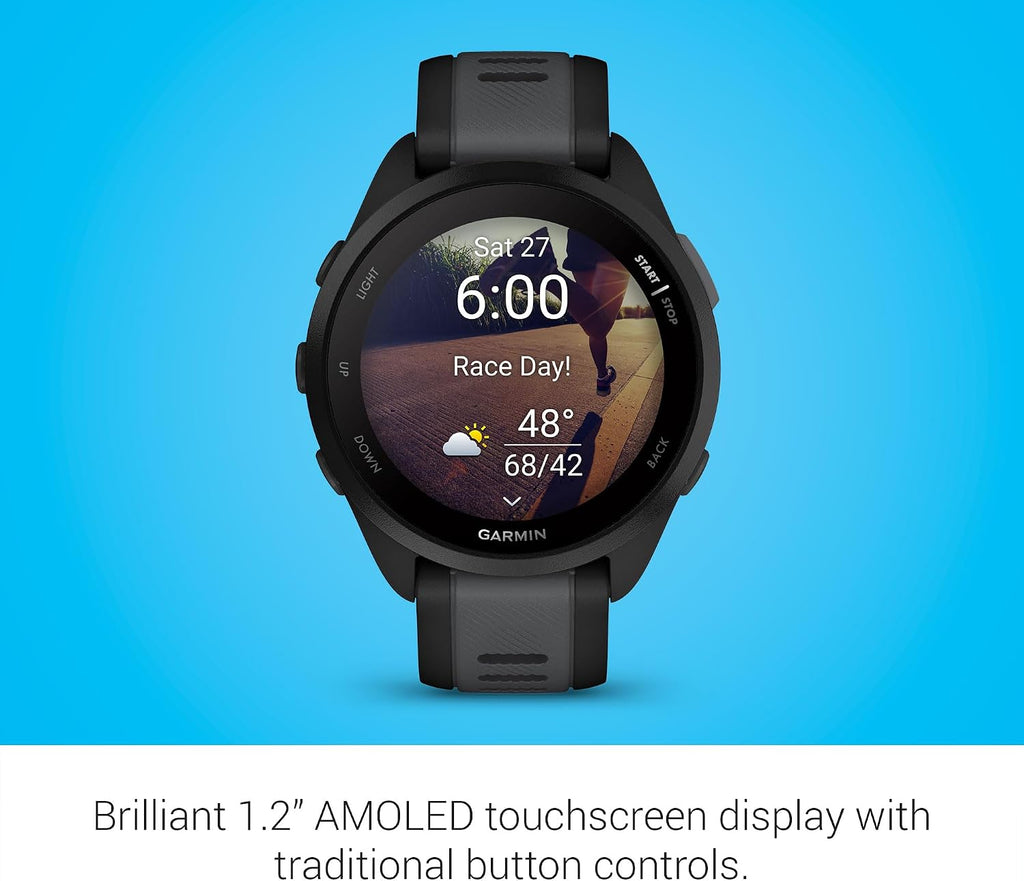 Garmin Forerunner 165 GPS Smartwatch, Black/Slate Gray | AMOLED Display, Daily Workouts, PacePro | Signature Series Modern Power Stand Bundle