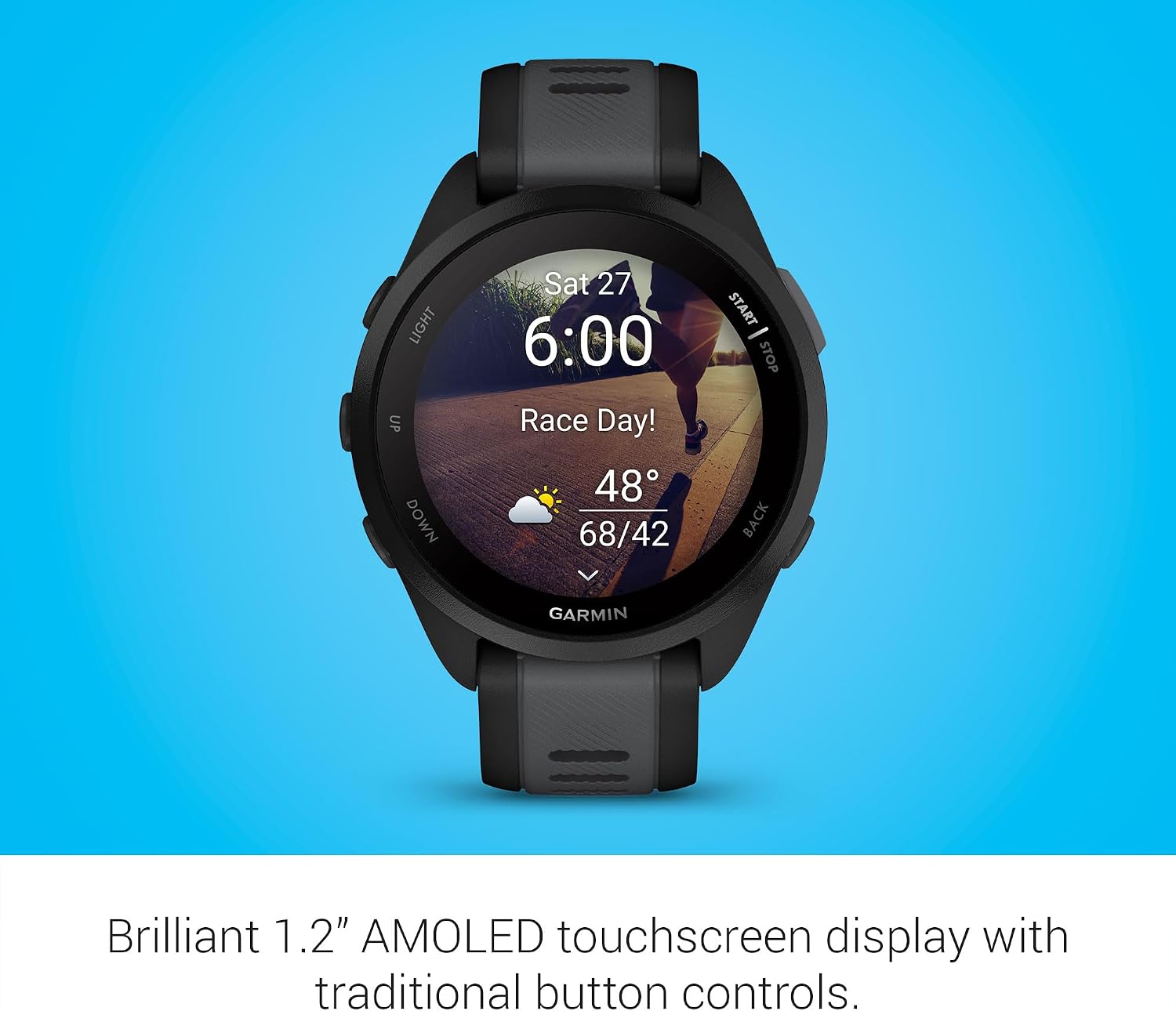 Garmin Forerunner 165 GPS Smartwatch, Black/Slate Gray | AMOLED Display, Daily Workouts, PacePro | Signature Series Modern Power Stand Bundle
