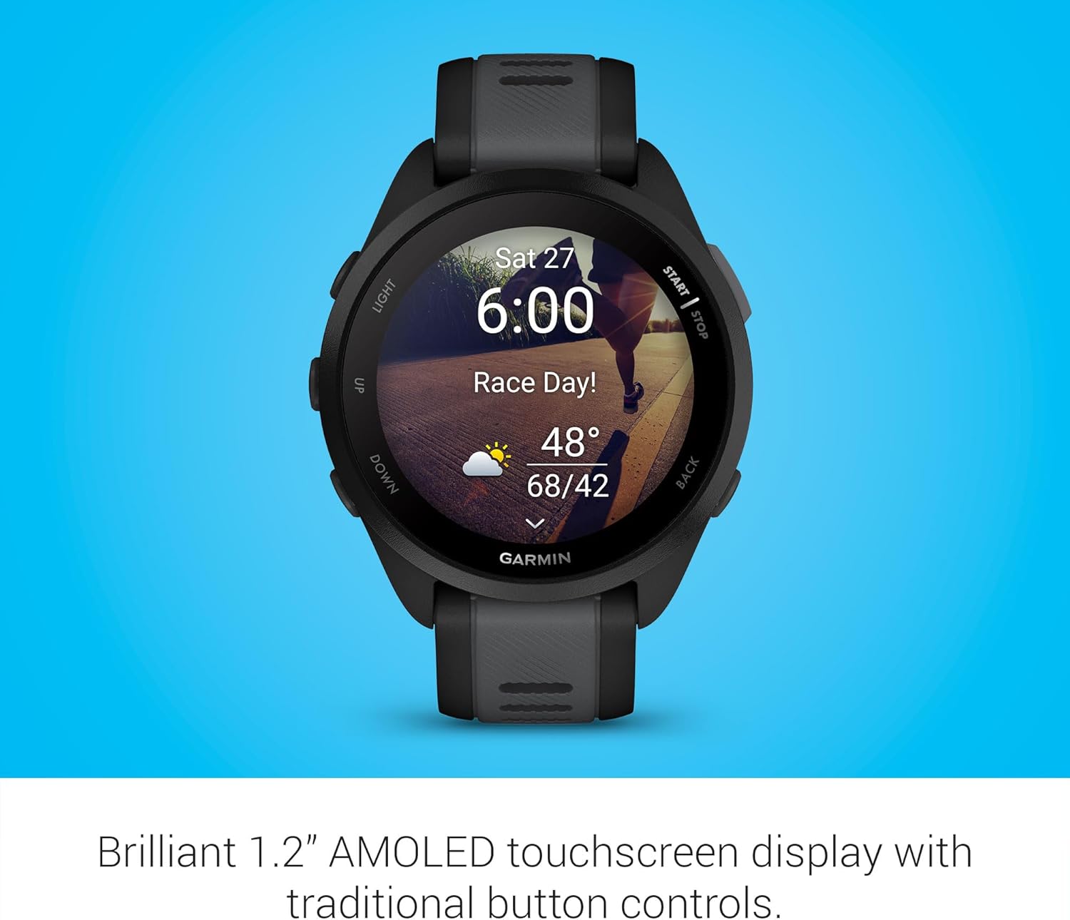Garmin Forerunner 165 GPS Smartwatch, Mist Gray/Whitestone | AMOLED Display, Daily Workouts, PacePro | Signature Series Modern Power Stand Bundle