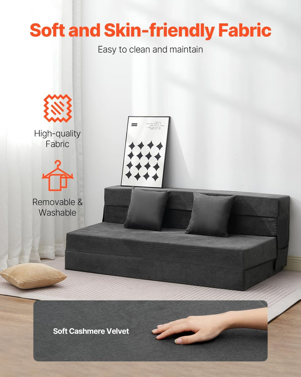 VEVOR Folding Sofa Bed, 3-in-1 Foldable Couch Bed with 2 Pillows and Washable Cover, 25D High Density Memory Foam Convertible Sleeper Chair Bed, Futon Couch for Living Room, Bedroom, Dark Grey(Queen)
