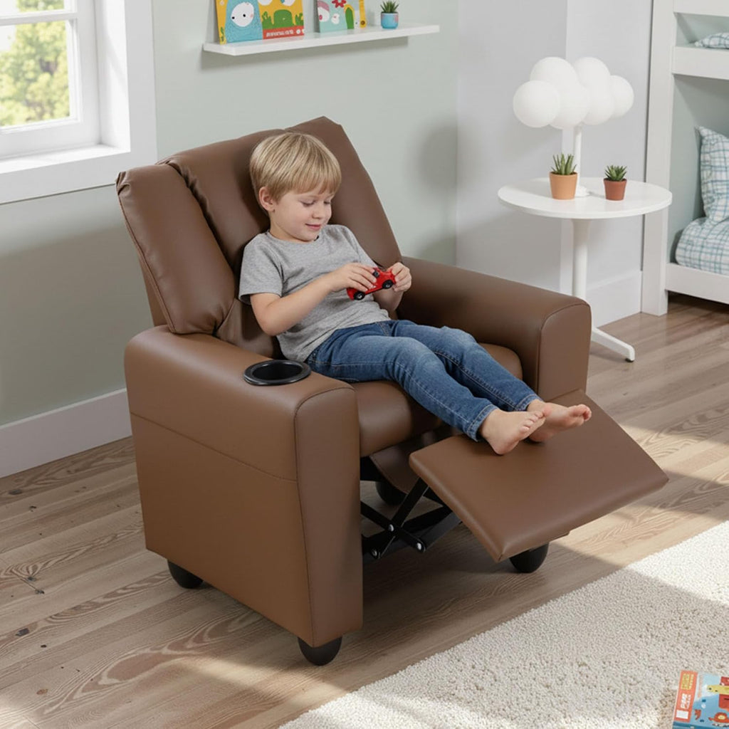 GLACER Kids Recliner with Cup Holder, PU Leather Toddler Lounge Chair w/Adjustable Backrest & Footrest, Spring-Loaded Seat Cushion, Push Back Toddler Sofa for Boys & Girls Ages 3+ Years Old (Brown)
