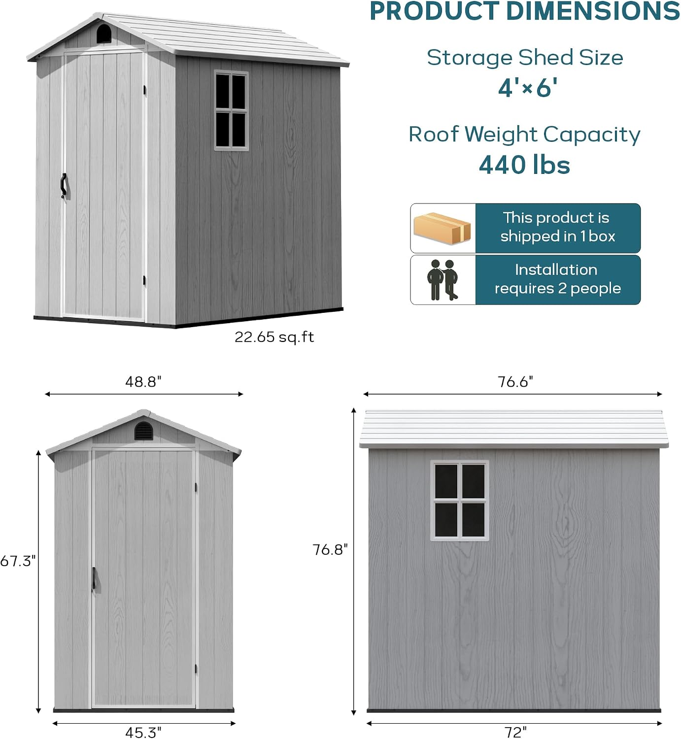 Greesum 4x6FT Plastic Storage Shed with Floor, Resin Outdoor Storaged Sheds with Lockable Door, All Weather Tool Shed with Window and Vent, Easy Assembly for Garden, Backyard, Patio, Light Gray