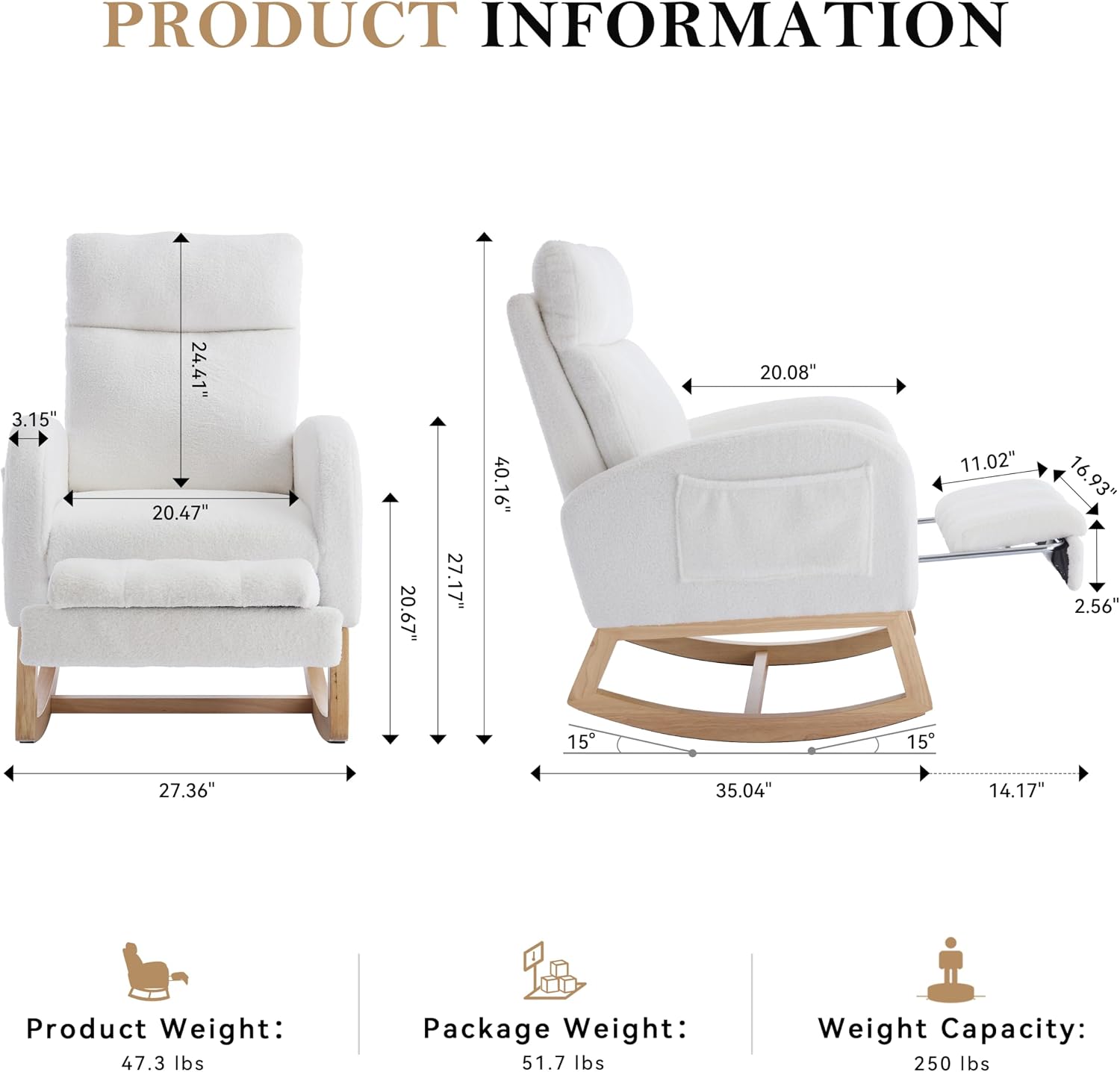 Modern Teddy Fabric Rocking Chair with Footstool, Nursery Rocker with Storage Pocket, High Back Wooden Base, 35-49 inch Length (Ivory, B)