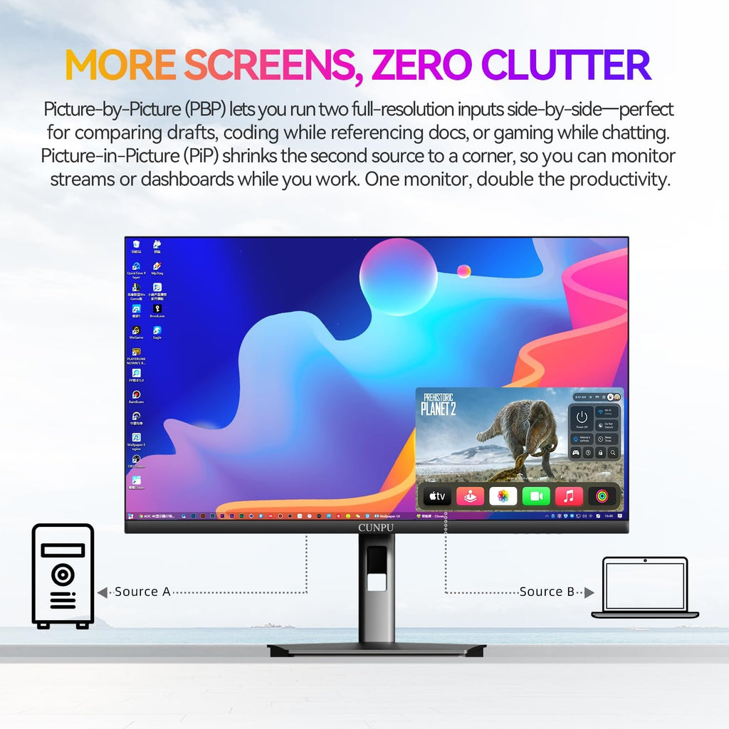 CUNPU 27 Inch 4K 70Hz Monitor, UHD (3840 * 2160) IPS Ultra-Slim Bezel Monitor for Photo Video Editing, ΔE < 2, 100% DCI-P3, 1.07B+ Colors, PIP-PBP, Adaptive Sync, DP/HDMI, Black