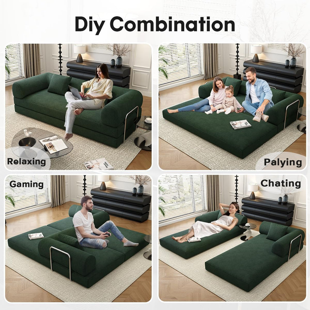 78.8' Modular Sofa Bed - 4-in-1 Convertible Design with Corduroy Fabric and High Density Sponge, Removable Cover and Fixed Frame