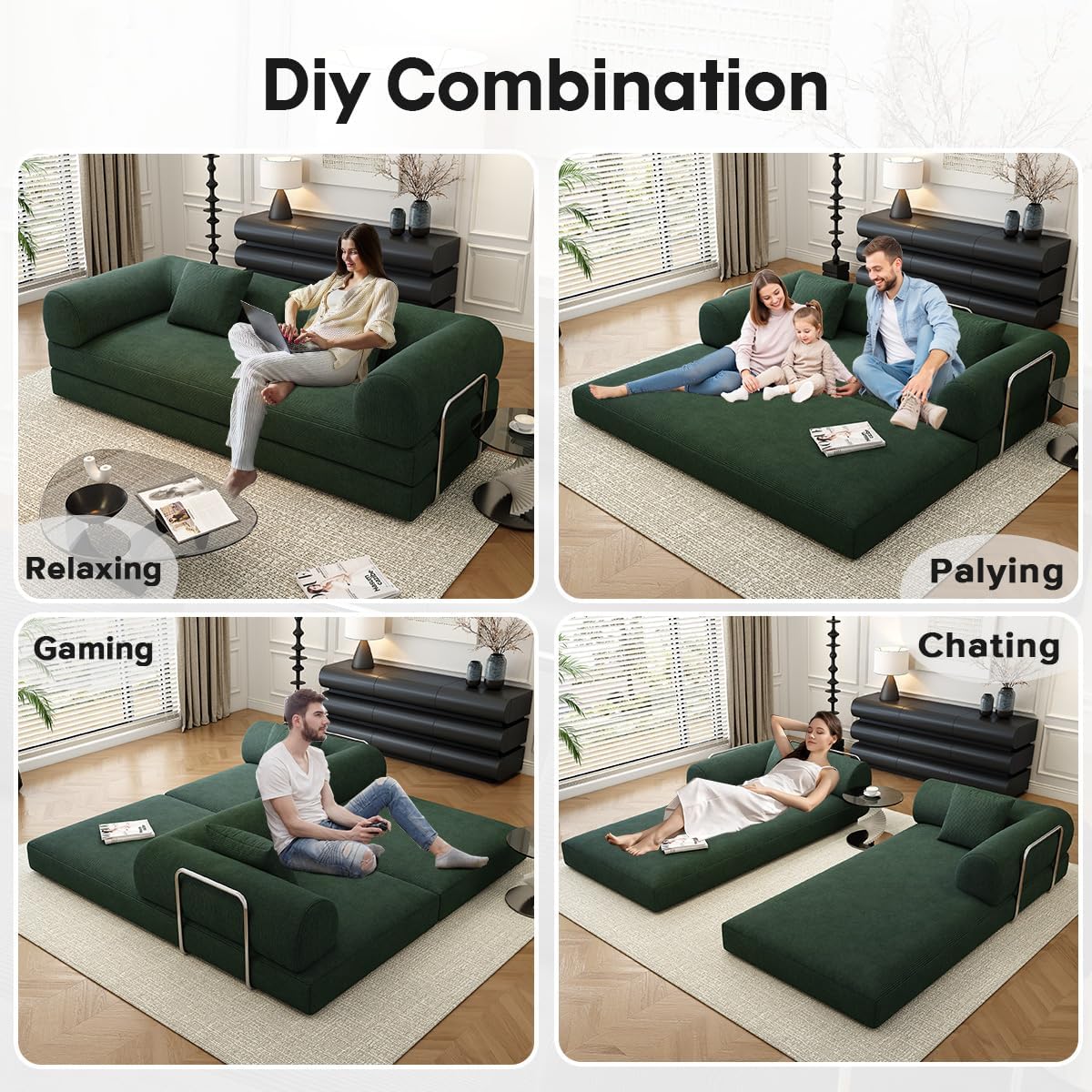 78.8' Modular Sofa Bed - 4-in-1 Convertible Design with Corduroy Fabric and High Density Sponge, Removable Cover and Fixed Frame