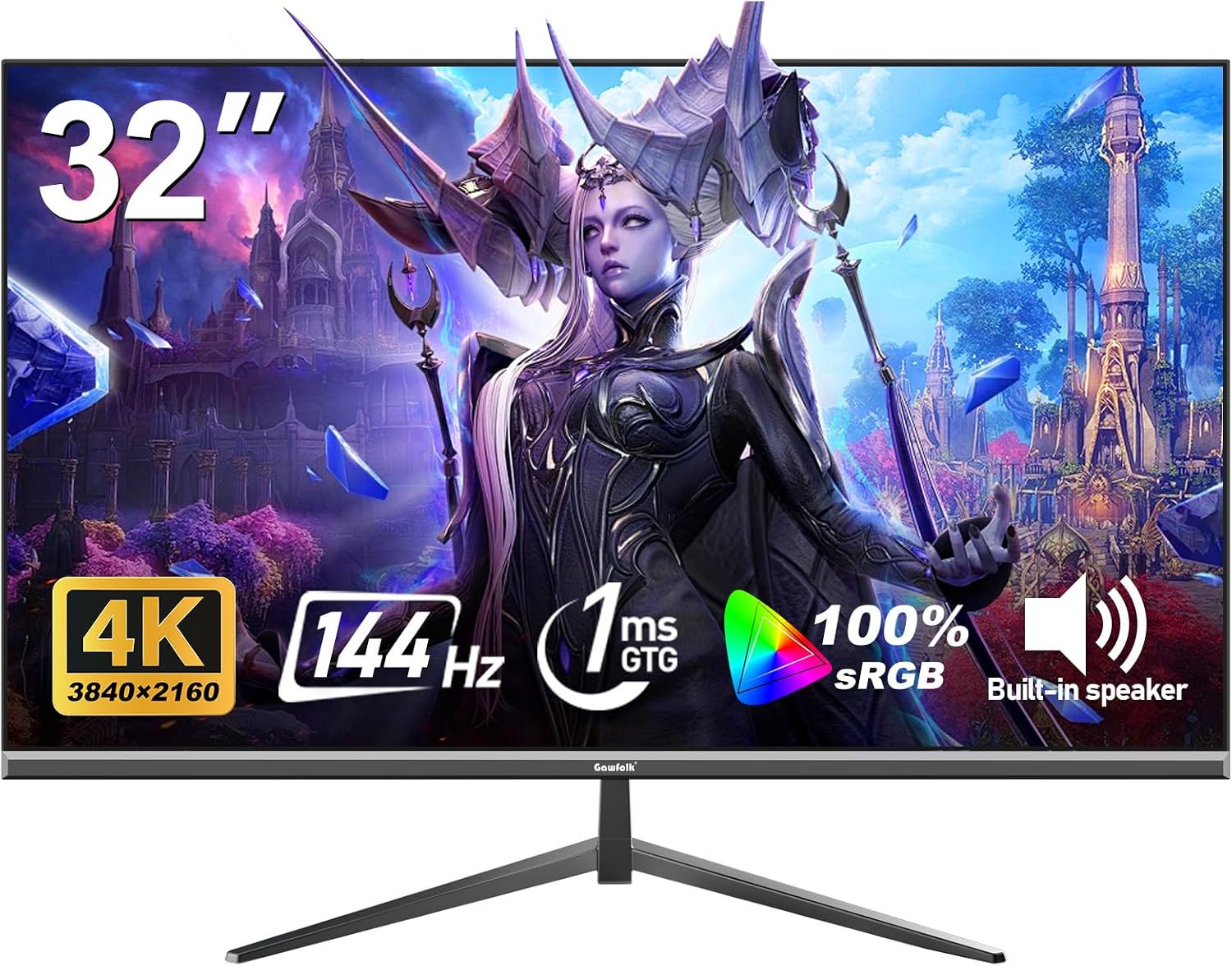 Gawfolk 32-inch 4K Ultra HD Computer Monitor, 144Hz Gaming Screen, 1ms, Adaptive Sync, 100% sRGB, 178° Wide Viewing Angle, HDMI 2.1, DisplayPort, Compatible with 100 * 100MM Wall Mount-Black