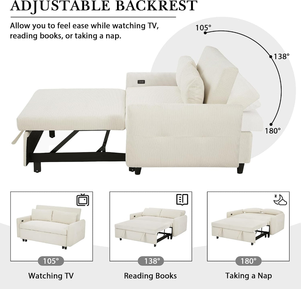 Merax Pull-Out Sofa Bed Convertible Couch 2 Seat Loveseat Sofa Modern Sleeper Sofa with Two Throw Pillows and USB Ports for Living Room, Beige