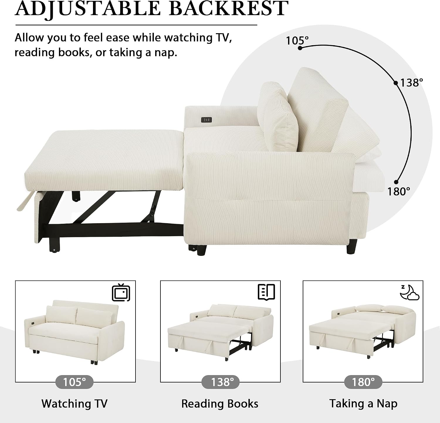 Merax Pull-Out Sofa Bed Convertible Couch 2 Seat Loveseat Sofa Modern Sleeper Sofa with Two Throw Pillows and USB Ports for Living Room, Beige