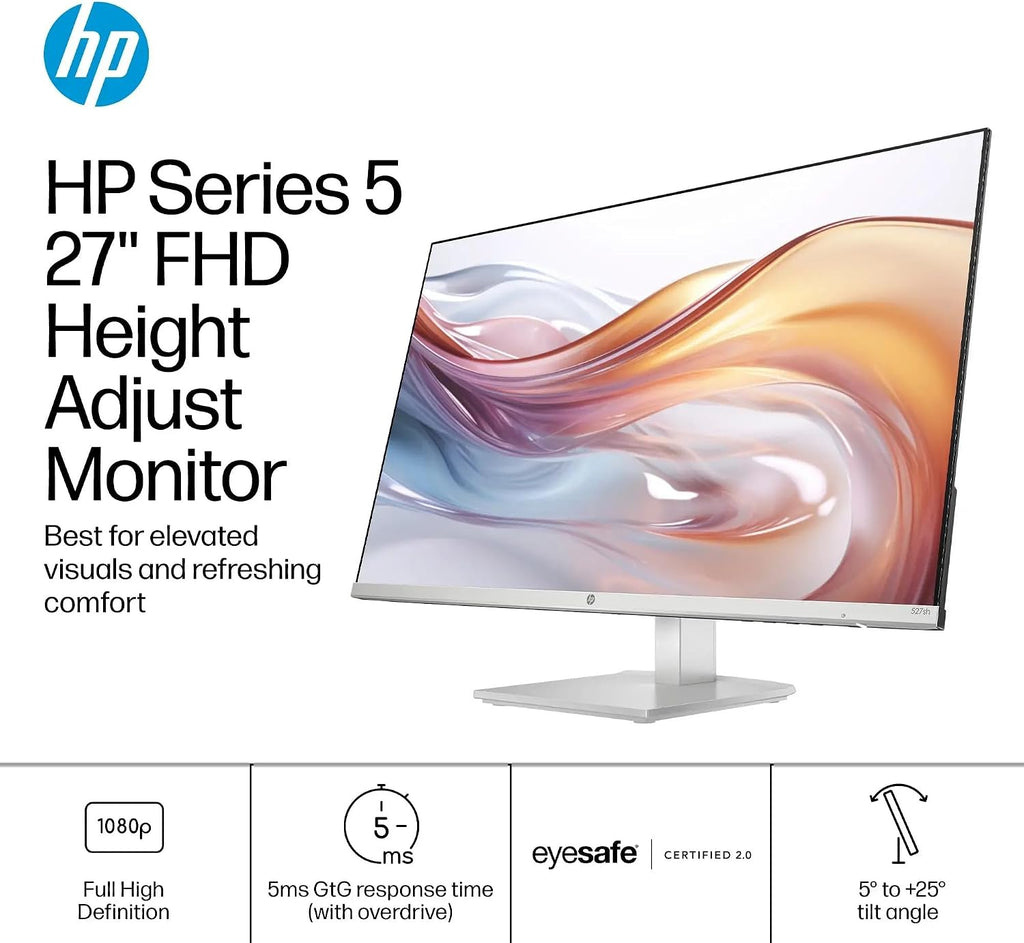 HP 27' Monitor FHD(1920X1080) LED IPS Panel with Adjustable Height, Anti-Glare Display, 100Hz Refresh Rate, 5MS Response Time, 2 x HDMI 1.4, 1 x VGA, Silver, with 5ave HDMI Cable