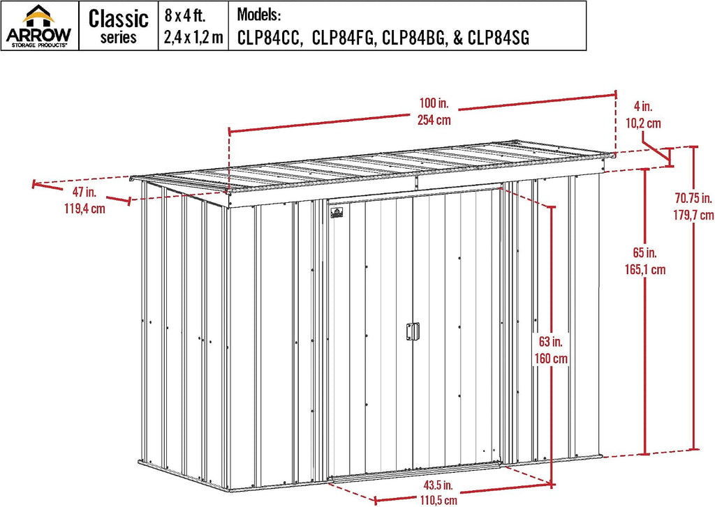 Arrow Classic Steel Storage Shed, 8x4, Flute Grey