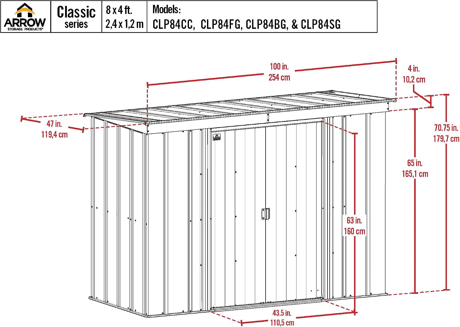 Arrow Classic Steel Storage Shed, 8x4, Flute Grey
