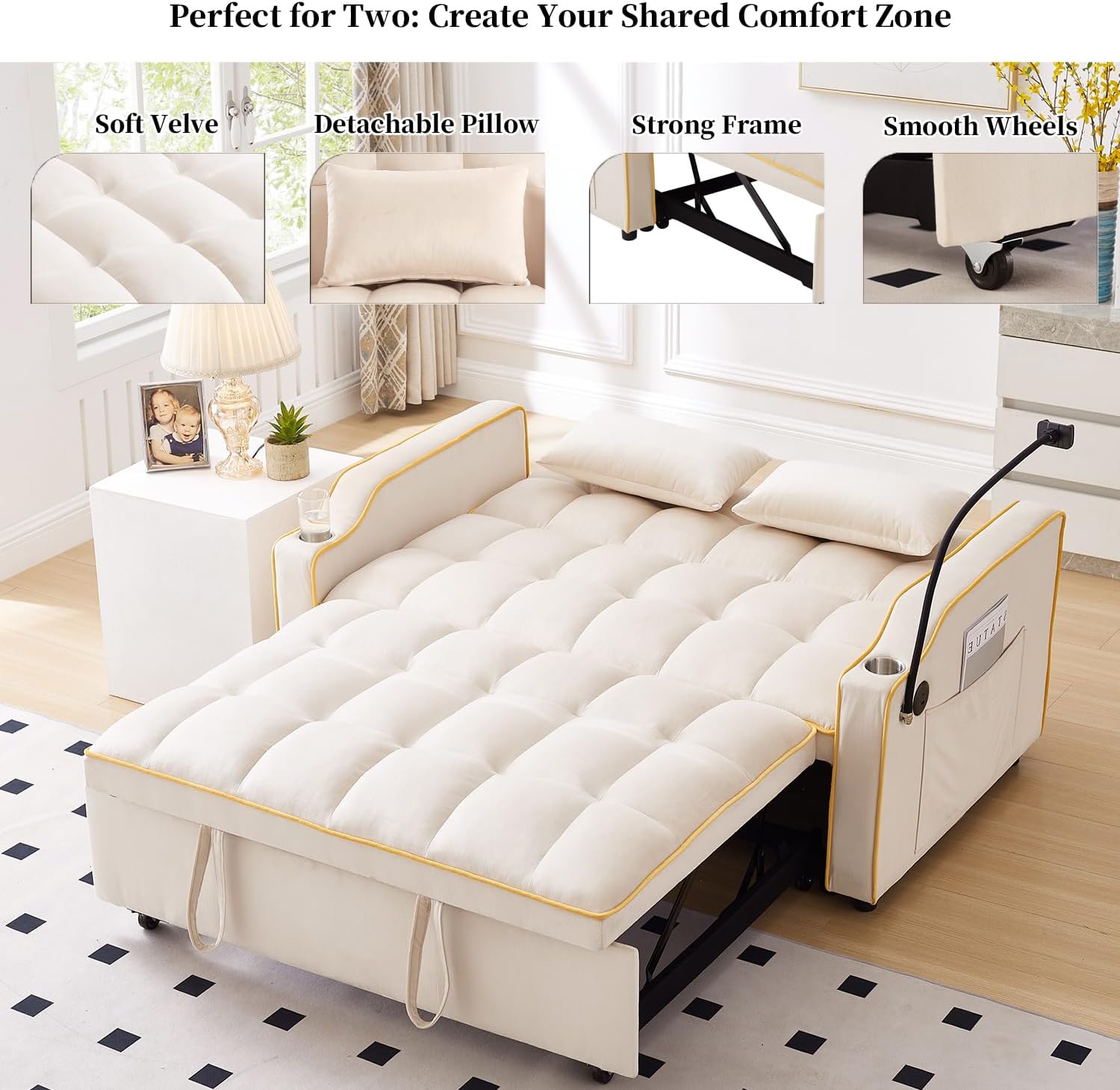 Convertible Sofa Bed, 3 in 1 Futon Sofa Bed with USB Charging Ports, Cup Holder, Phone Stand & Pocket, Modern Upholstered Sleeper Sofa for Living Room, Apartment or Small Space (Beige-L)