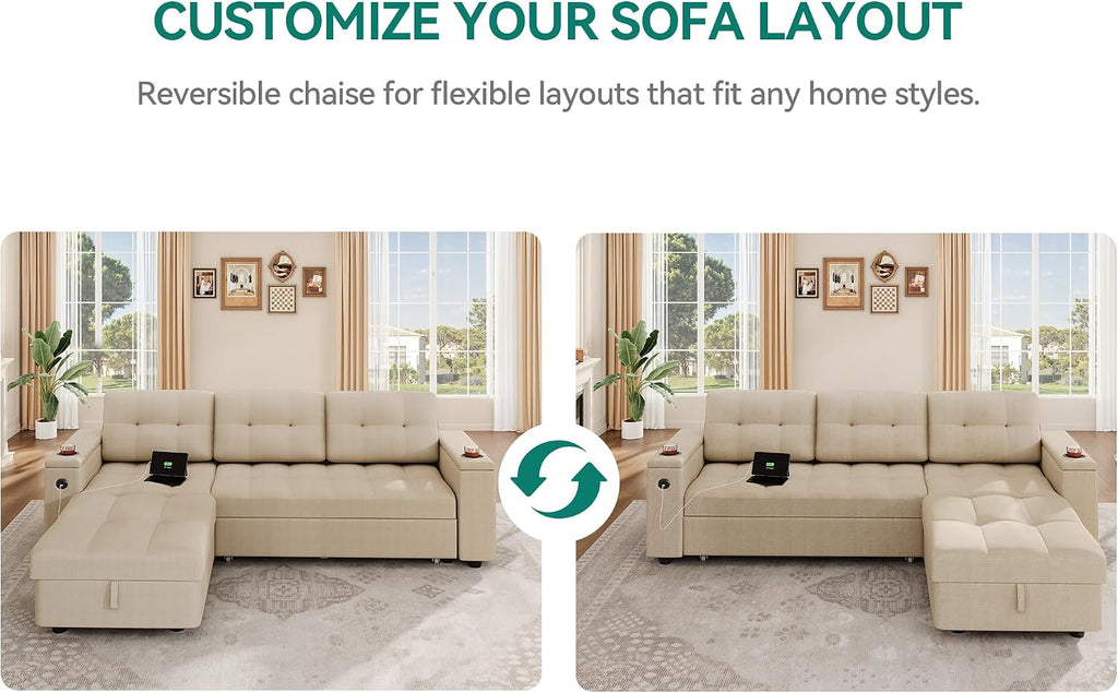 YITAHOME Sleeper Sofa, L-Shaped Sofa Couch Bed with Storage Chaise & USB, Reversible Sleeper with Pull Out Bed, 4-Seat Fabric Convertible Sofa, 2-in-1 Pull Out for Living Room, Beige