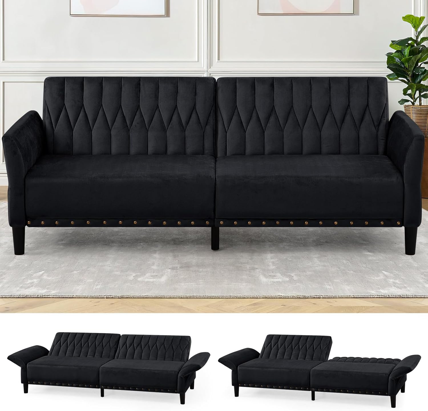77 Inches Velvet Sofa Bed w/Adjustable Backrests & Armrests, Convertible Sleeper Sofa w/Nailhead Trim, Modern Loveseat Couch with Sturdy Legs for Living Room,Office,Black
