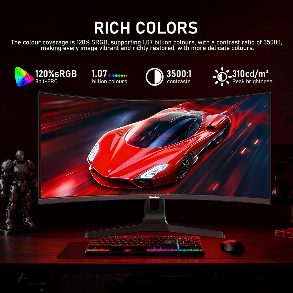 Gawfolk 34 Inch Curved Gaming Monitor, 240Hz Ultrawide PC Monitors Built-in Speakers, UWQHD (3440x1440) 1500R Computer Screen mit FreeSync, HDMI 2.0 & DP 1.4, Wall Mountable