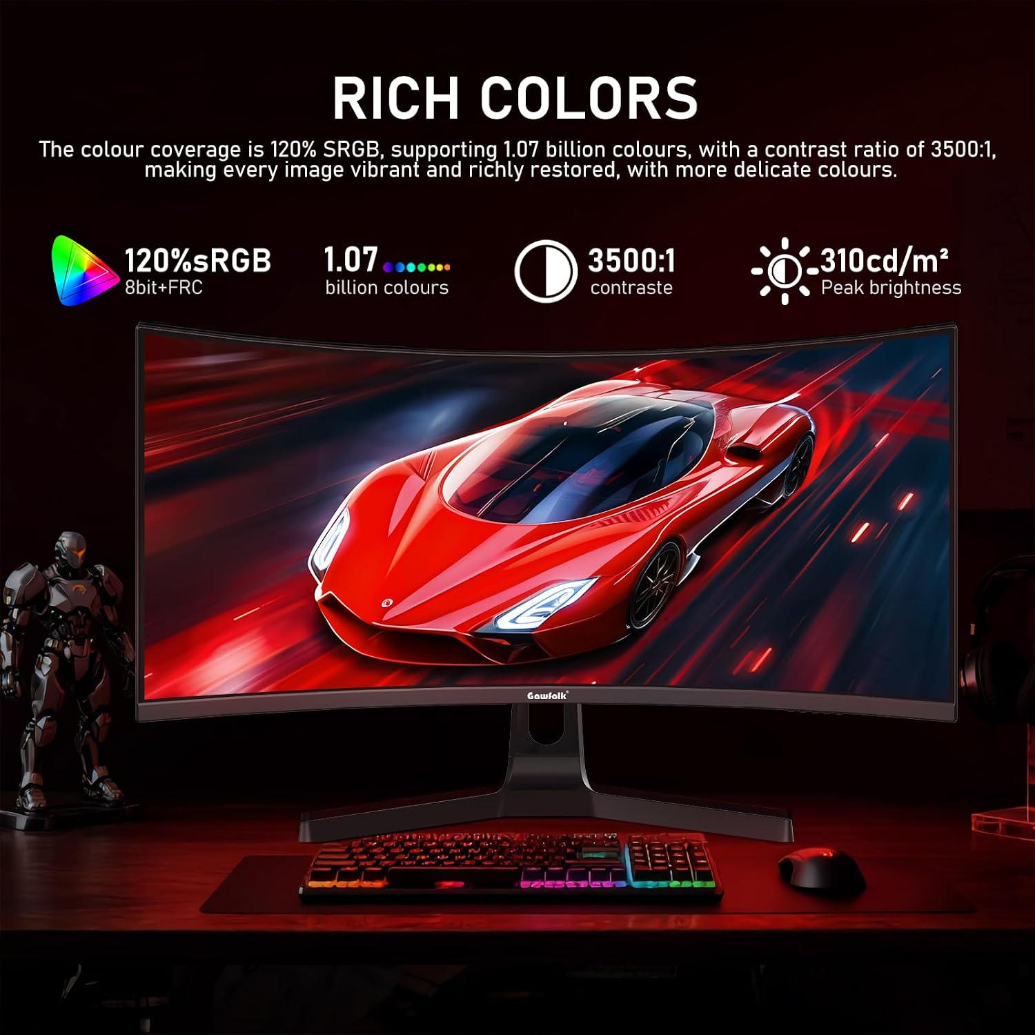 Gawfolk 34 Inch Curved Gaming Monitor, 240Hz Ultrawide PC Monitors Built-in Speakers, UWQHD (3440x1440) 1500R Computer Screen mit FreeSync, HDMI 2.0 & DP 1.4, Wall Mountable