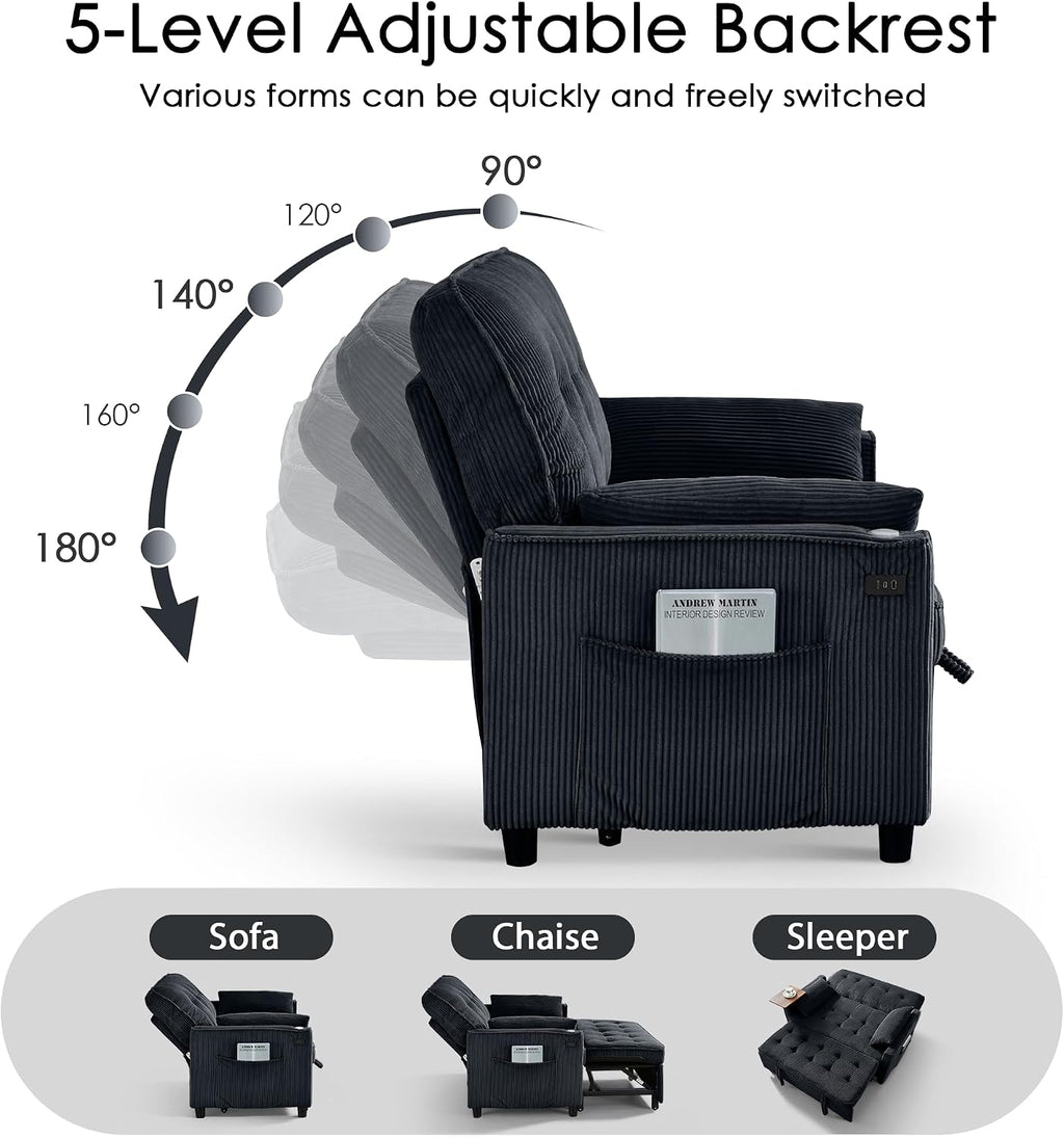Sleeper Sofa Bed, 54'' Convertible Pull Out Couch with Small Table| USB Port | Side Pockets | Corduroy Fabric | Adjustable Backrest for Apartment, Office, Bedroom, Guest Room (Black)
