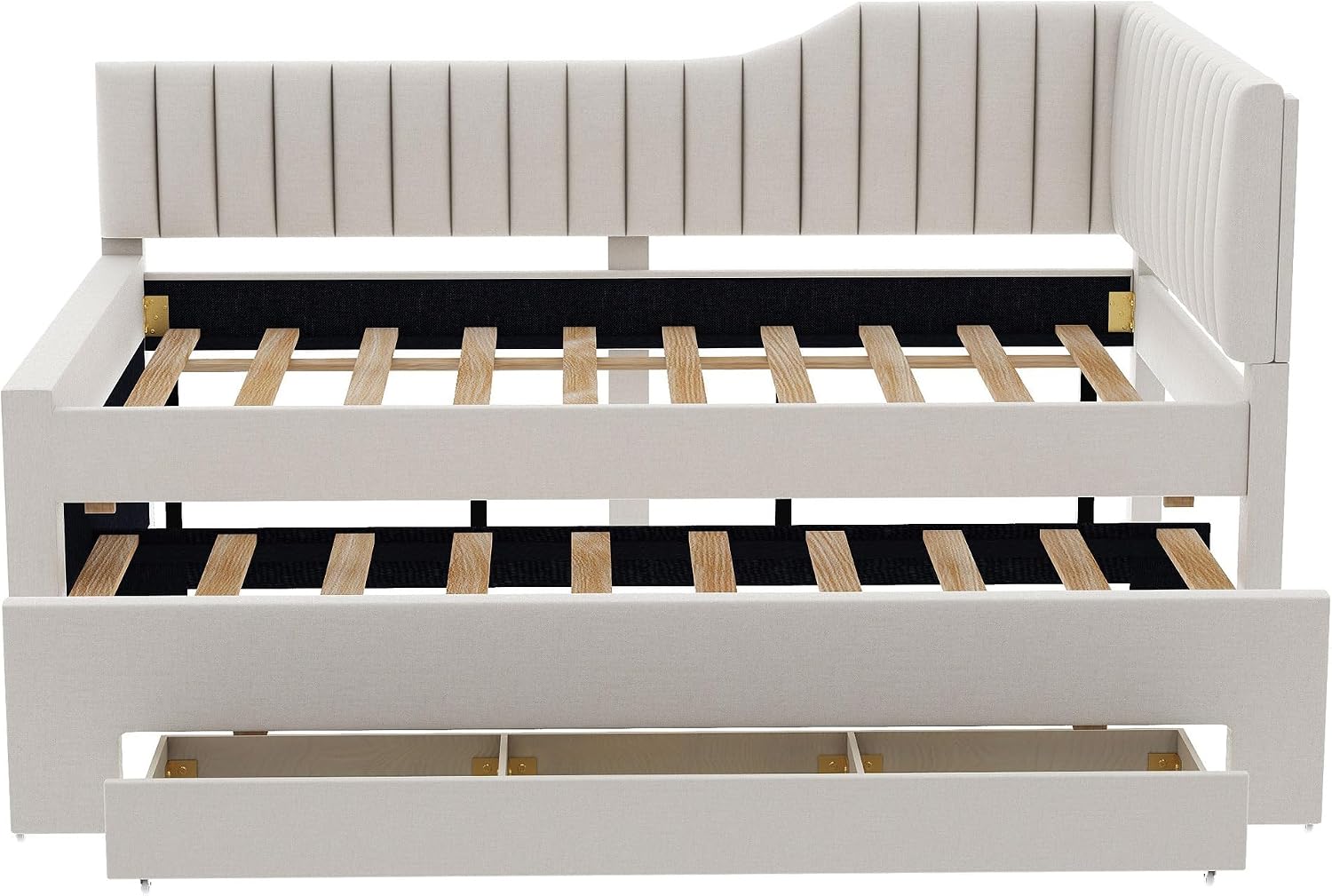 Merax Full Size Upholstered Wood Daybed Extendable Sofa Bed with Trundle and Three Storage Drawers for Living Room Guest Room, Beige