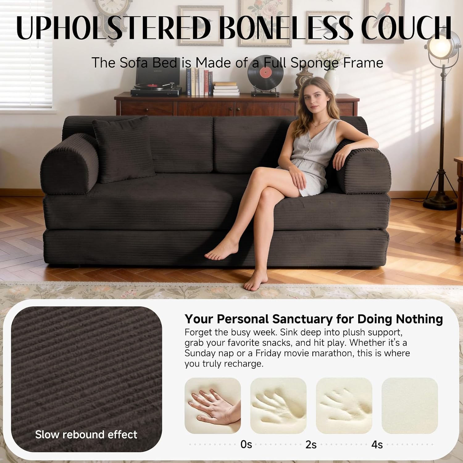78.8' Convertible Sofa Bed with Detachable Arm Pillow, 6-in-1 Sectional Couches for Living Room, Corduroy Boneless Couch, Sleeper Loveseat Couch Bed, No Assembly, Brown Couch