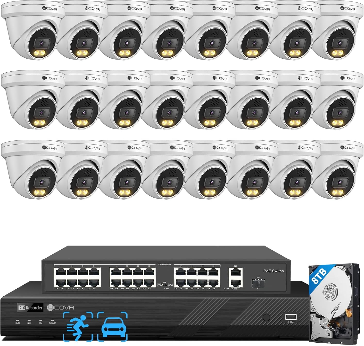4COVR 4K 32 Channel Security Camera System PoE 2-Way Talk & Dual Lights Smart Full Color Night Vision, AI Human Vehicle Detection, UHD NVR 8TB HDD, 24X 8MP Business Dome IP Camera IP67, LY97KA8M3224