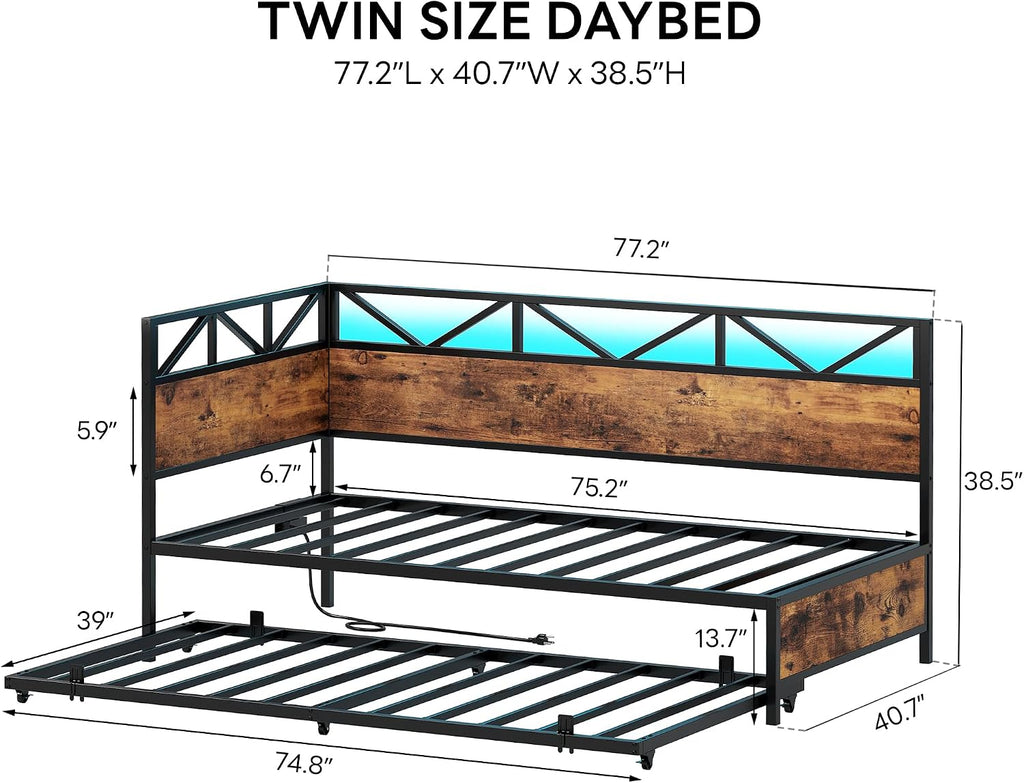 LIKIMIO Daybed with Trundle, Sofa Day Bed with Charging Station and LED Lights, Trundle Bed Twin with Strong Supports for Living Room, Bedroom and Guest Room