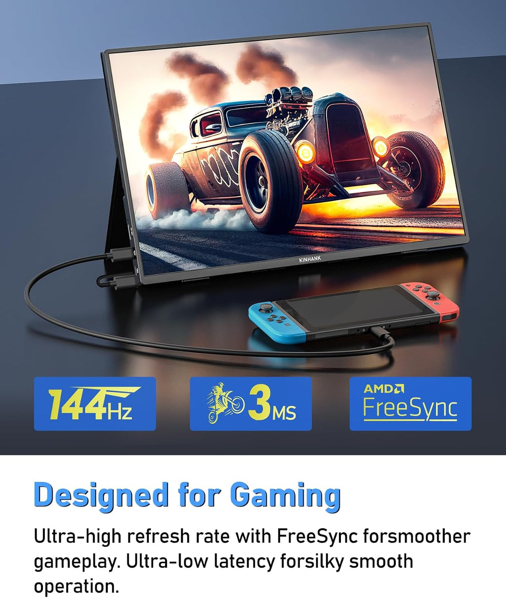 2.5K 144Hz Portable Gaming Monitor 16', 2560x1600, Plug & Play, 100% sRGB, 500nits, 16:10, Eye Care Second Computer Display with Speakers for Laptop, PC, Mac, P-S4/5, Sw-tch, X-BO, USB-C/HDMI, (K16G)